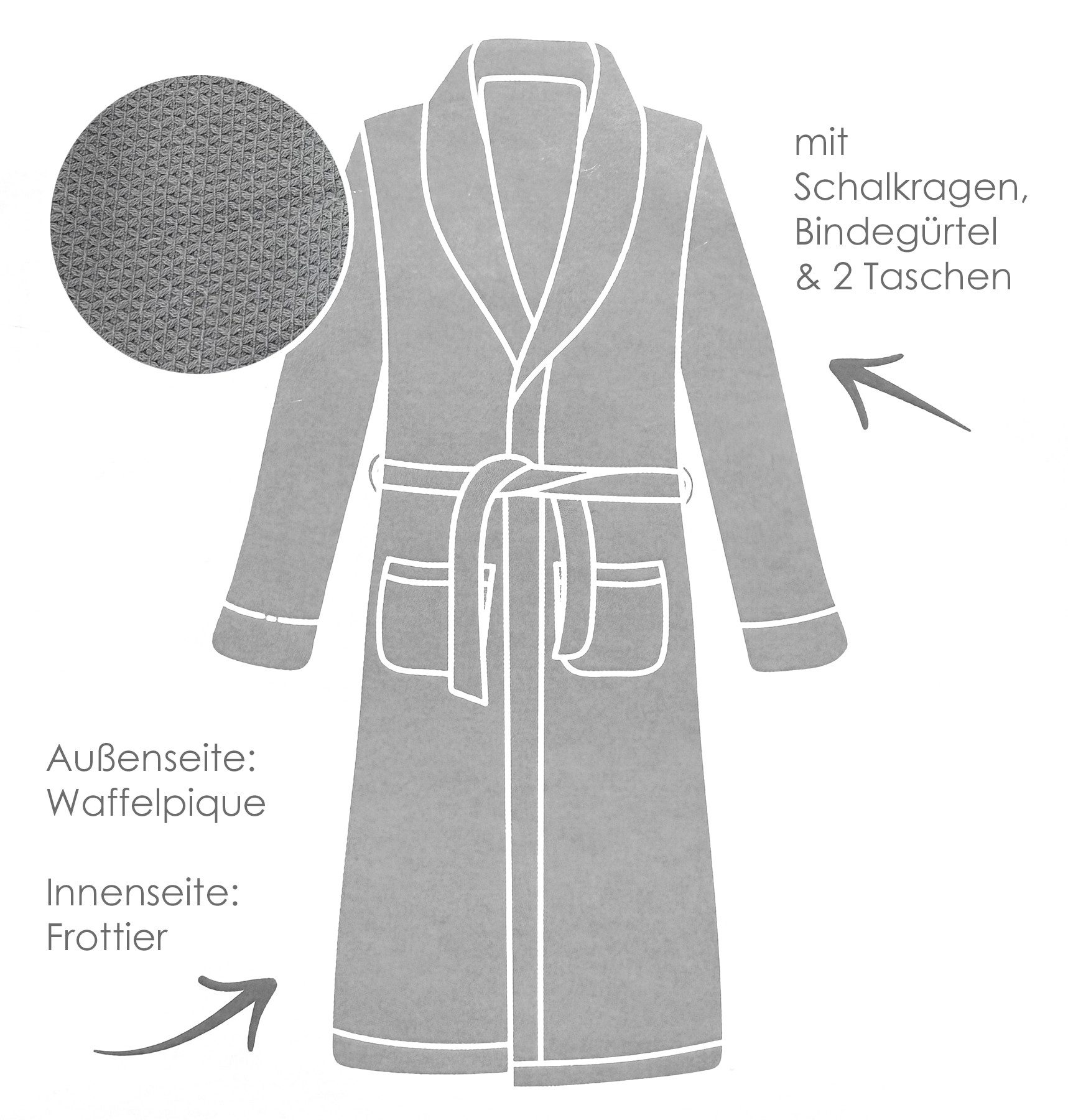 heimtexland Bademantel Bademantel Waffelpique schnelltrocknend Baumwolle, Midilänge, Baumwolle, 2 Taschen I Bindegürtel I Schalkragen, Gürtel, Innenfutter weicher Frottier I saugstark I Herren mit Kragen