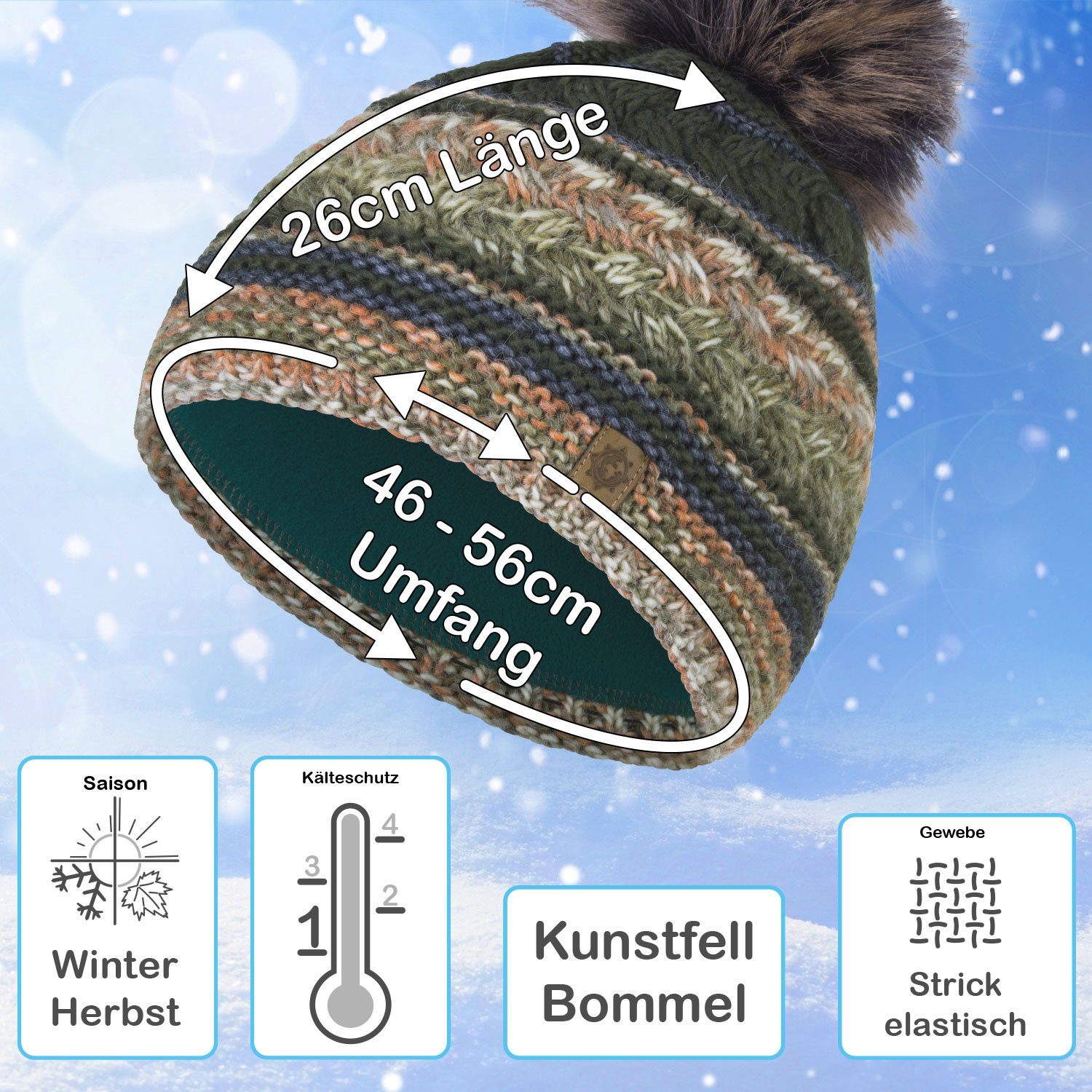 compagno Bommelmütze (1-St) Bommelmütze Wintermütze Damen mehrfarbig Fleecefutter Beanie