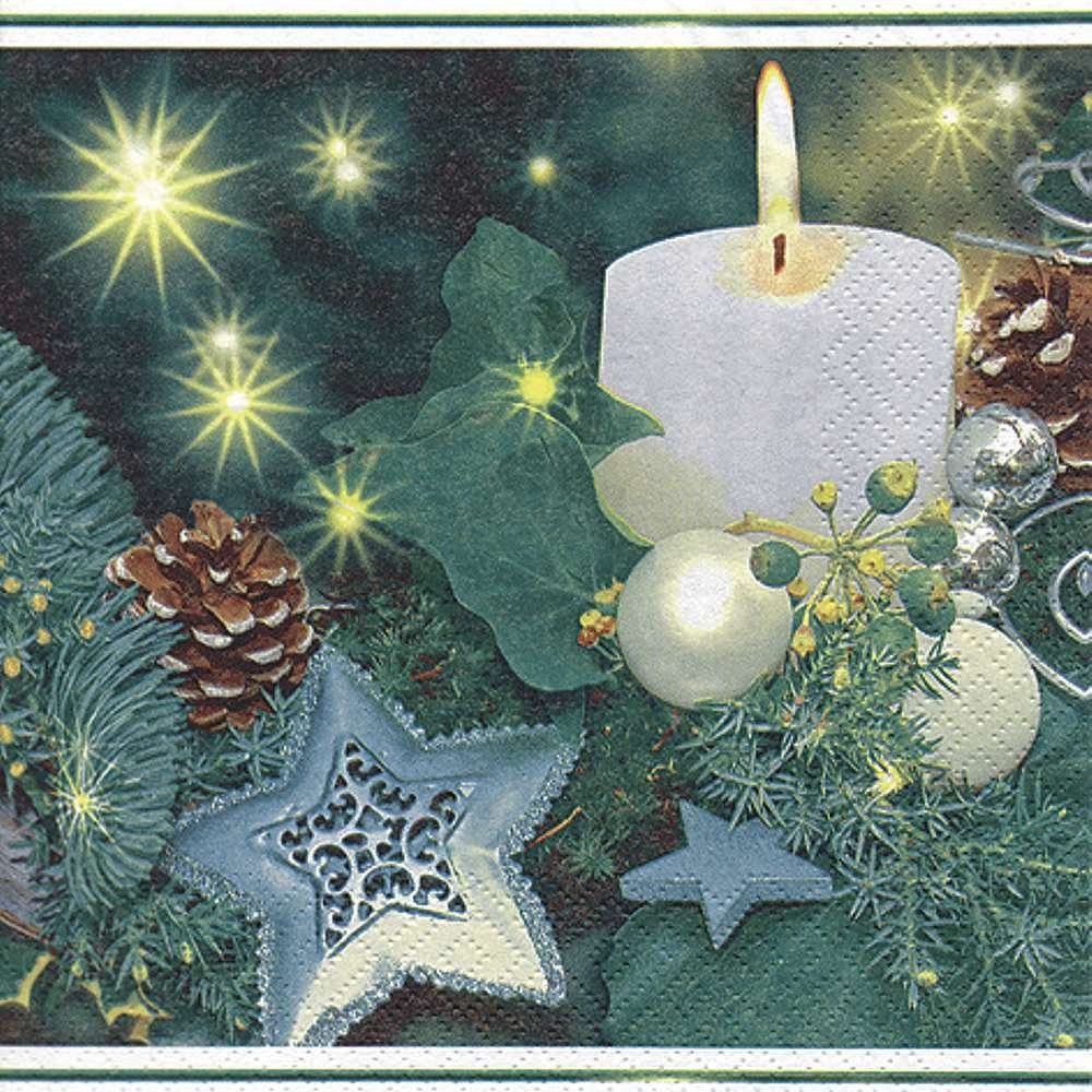 Linoows Papierserviette 20 Servietten Weihnachten, Kerzen, Tannengrün, Efeu & Sterne, (Packung), Motiv Weihnachten, Kerzen, Tannengrün, Efeu & Sterne