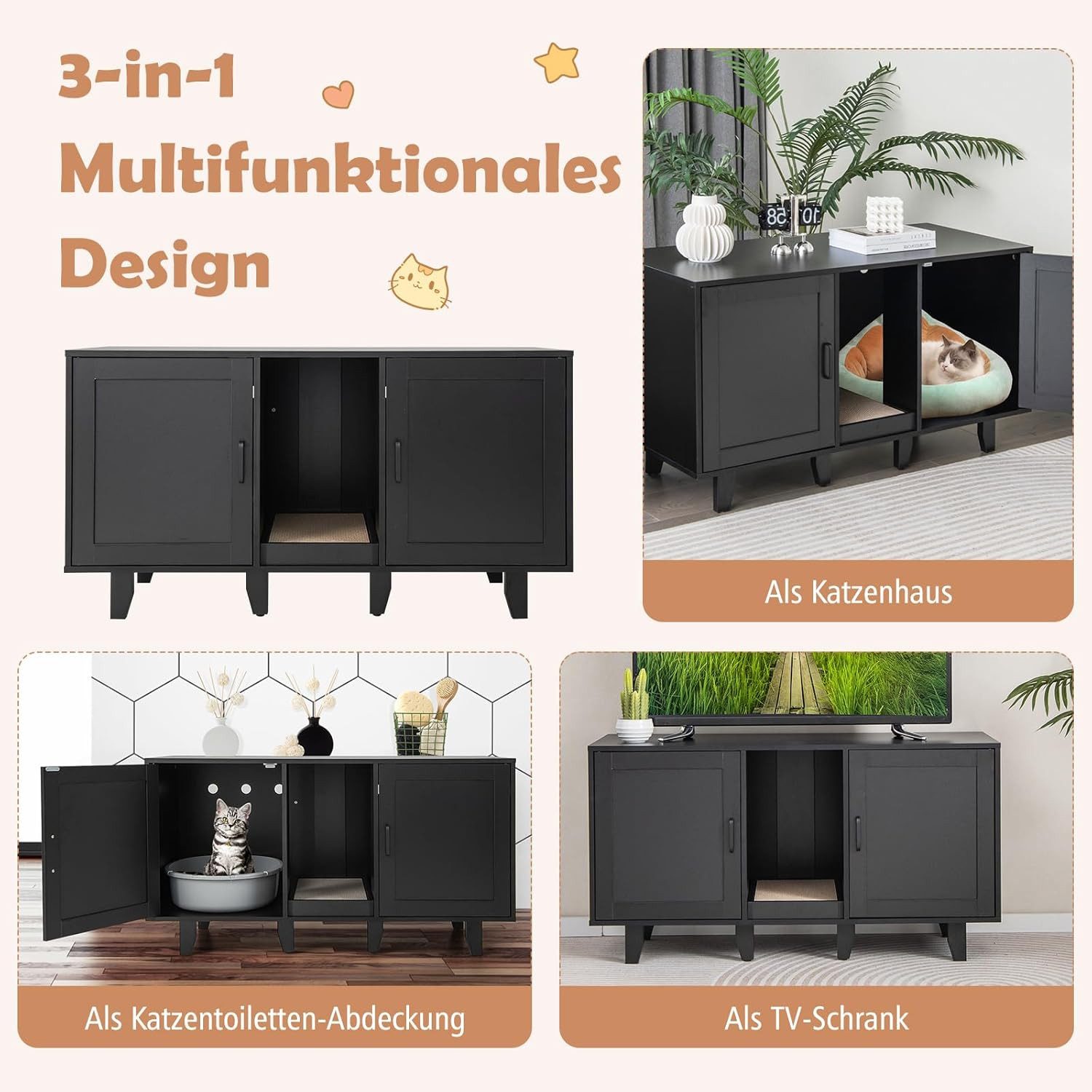 KOMFOTTEU Tierhaus 3 in 1 Katzenschrank, Beistelltisch TV-Ständer für 2 Kat günstig online kaufen