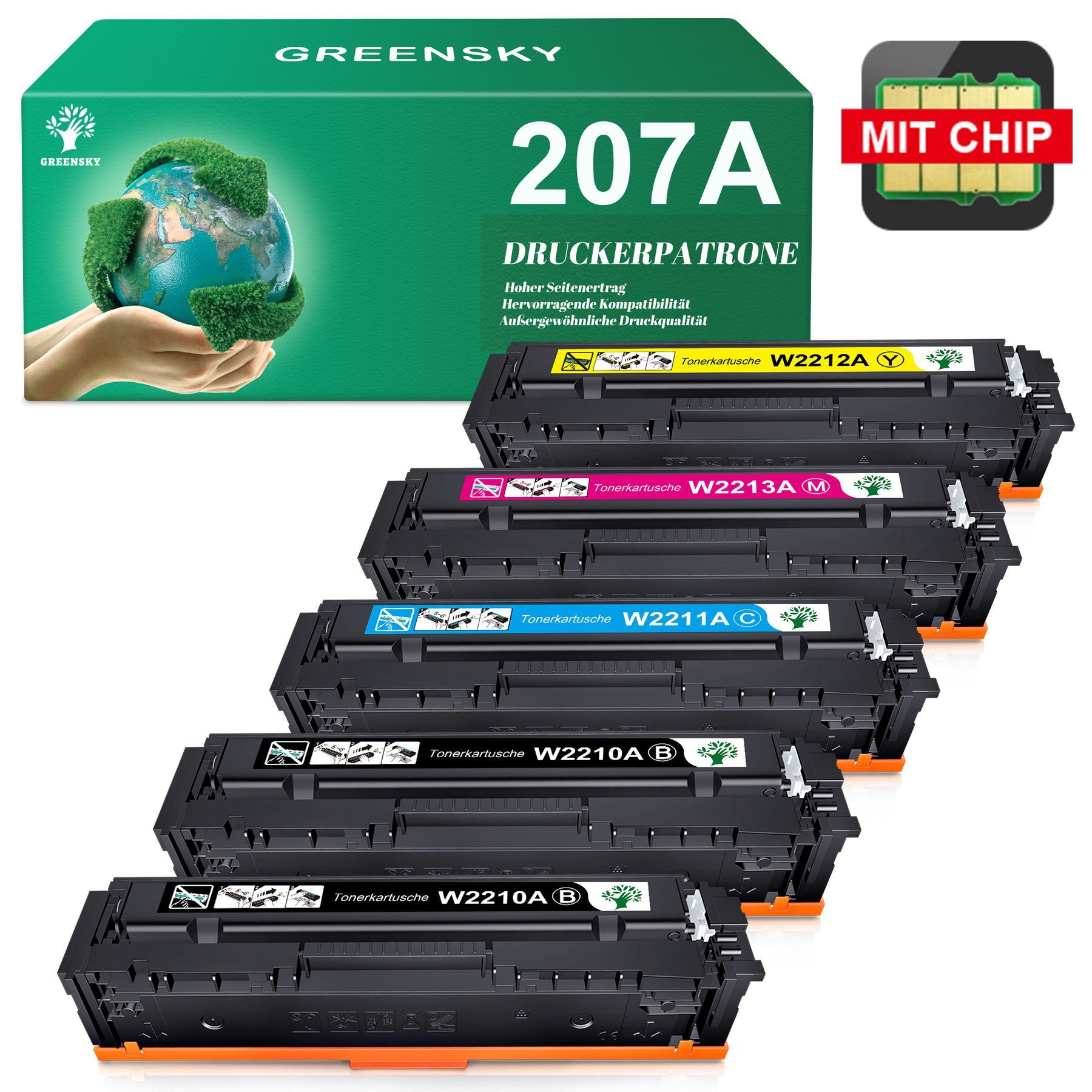 Greensky Tonerpatrone MIT CHIP für HP 207A 207X Toner Color Laserjet, (für Color Laserjet Pro M255dw M255nw M282nw M283fdn M283fdw, 5-St) 2 x Schwarz, 1 x Cyan, 1 x Gelb, 1 x Magenta