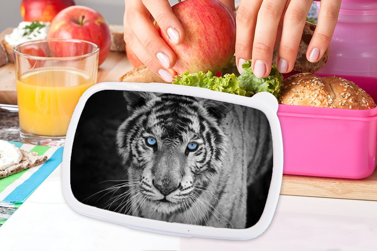 rosa Schwarz Lunchbox Kunststoff, - Brotbox - Brotdose Kunststoff (2-tlg), Mädchen, Kinder, für - Blau, Augen Snackbox, Tiger Erwachsene, - Tiere weiß und MuchoWow