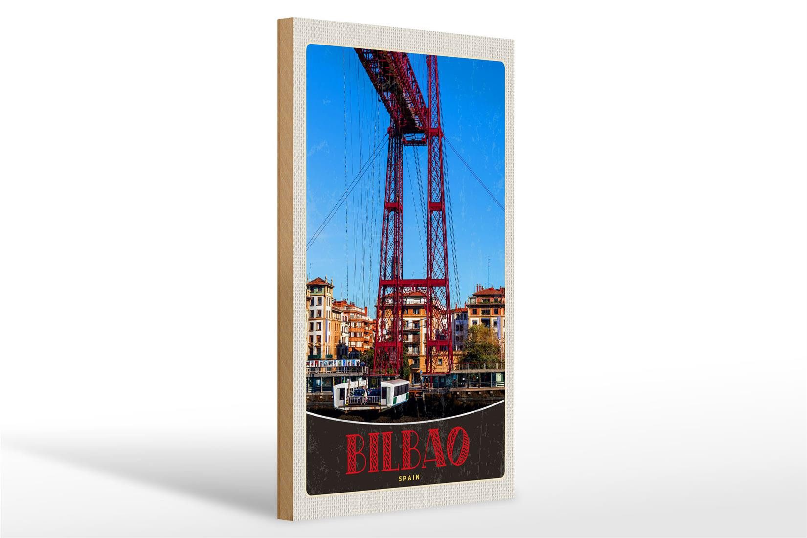 Holzbild Reise 20x30cm Bilbao Spanien Europa rote Brücke