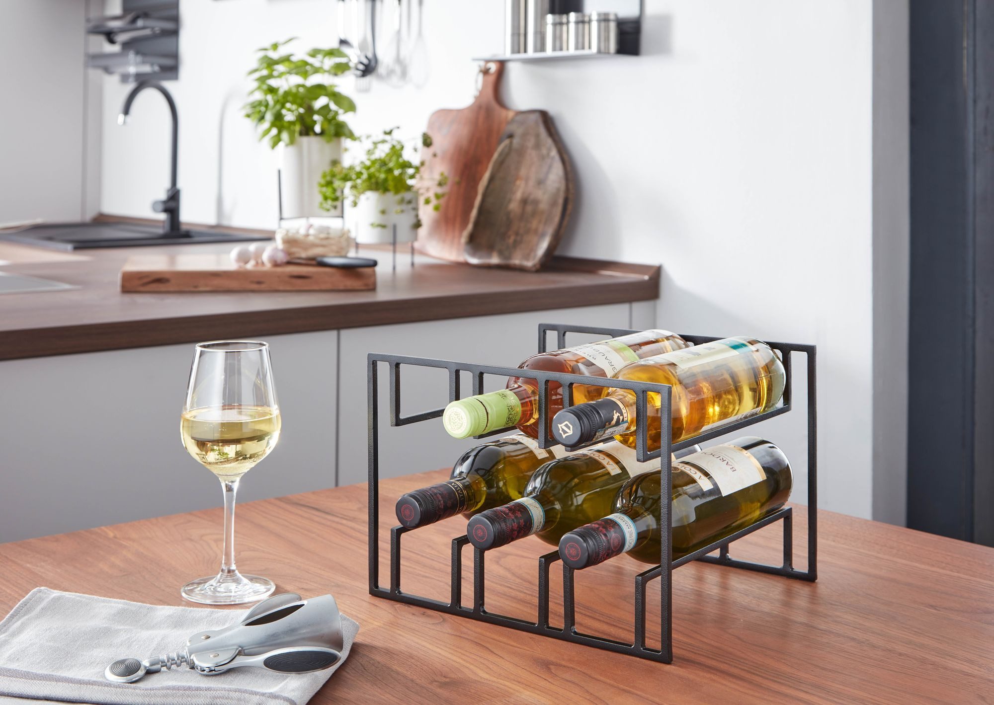 FINEBUY Weinregal FB82257 Weinflaschenhalter Tisch 29x21x25 cm Metall Schwarz, Weinflaschenhalter Schwarz Modern, 29x21x25 cm, Weinhalter, Flaschenhalter Eisen für 6 Flaschen