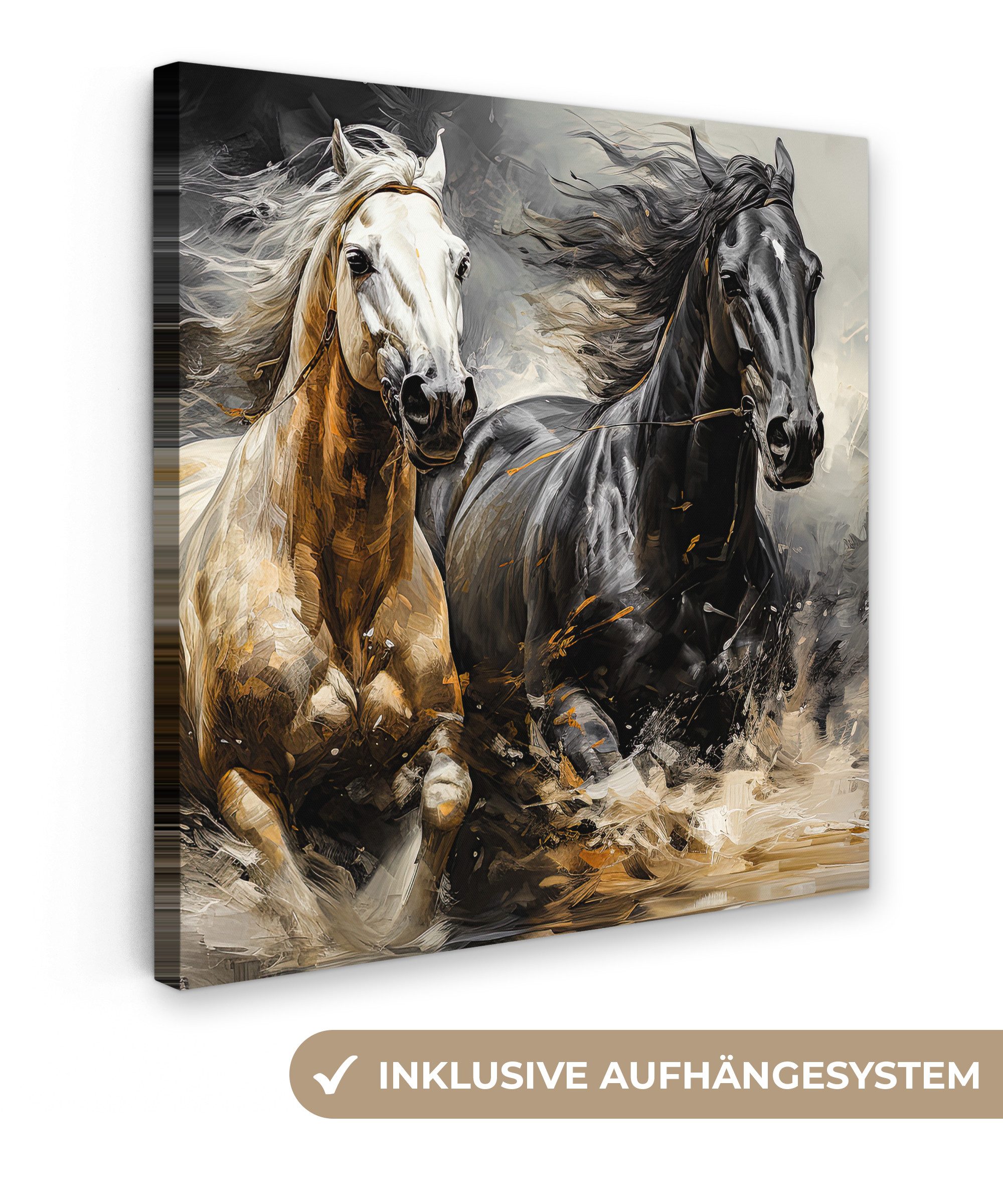 OneMillionCanvasses® Leinwandbild Pferde - Schwarz - Weiß - Tiere, Fotodruck (1 St), Wandbild, Deko Schlafzimmer Wohnzimmer Flur 20x20 cm