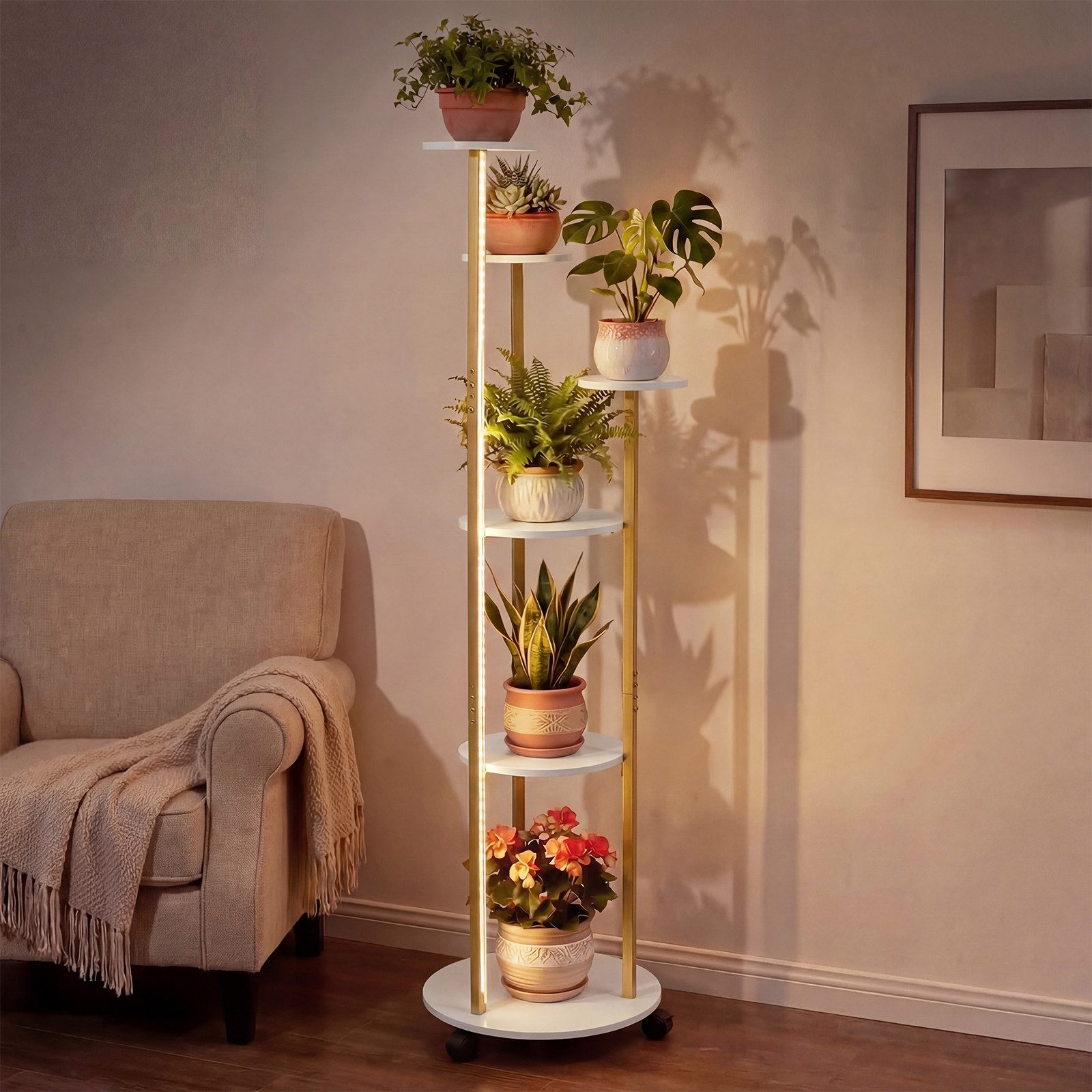 COSTWAY Blumenständer, 6-stufiges Pflanzenständer mit LED-Beleuchtung & Rollen