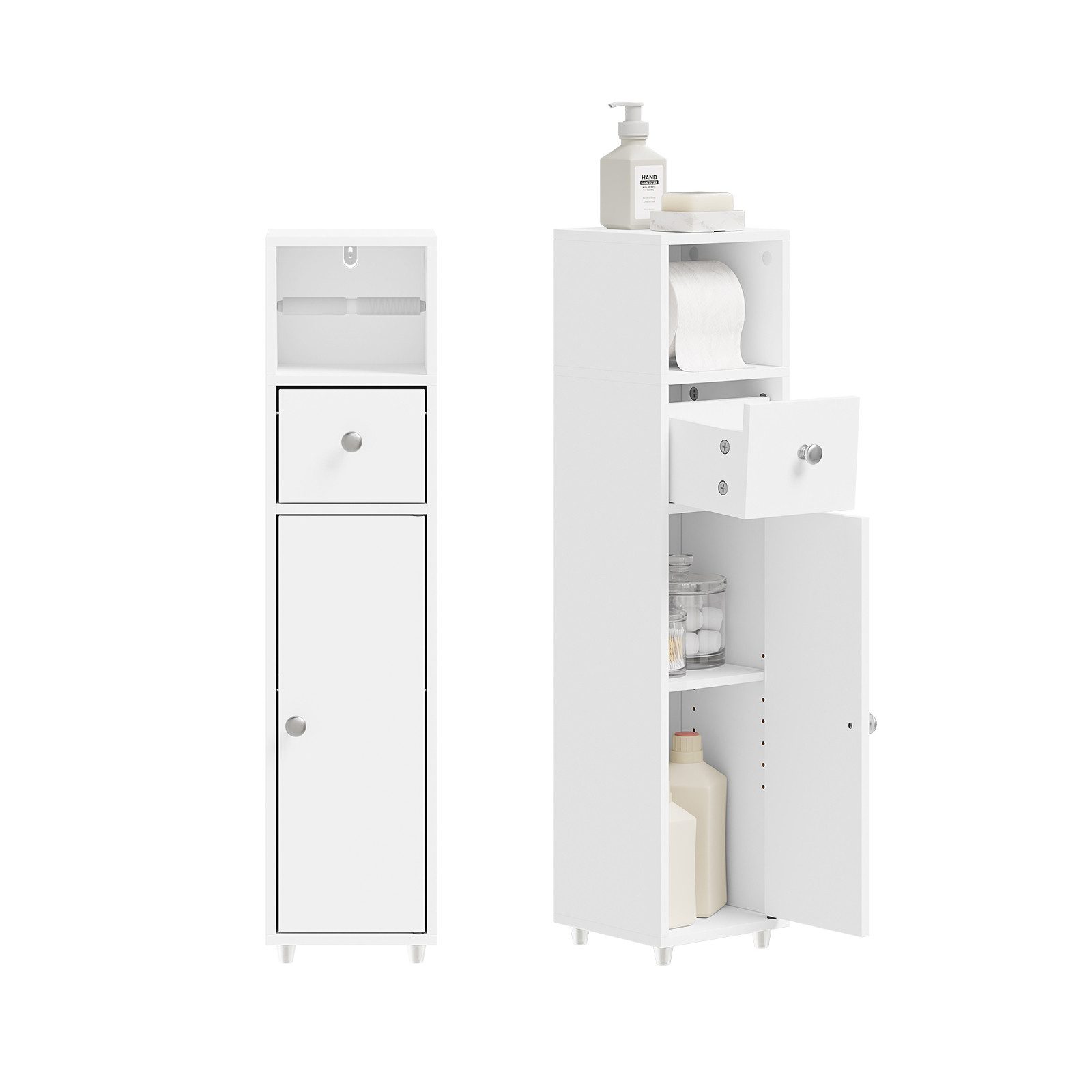 SoBuy Badkommode BZR219, Badezimmerschrank schmal, Toilettenpapierschrank mit Schublade, Badschrank Badkommode mit Papierrollenhalter, Nischenregal