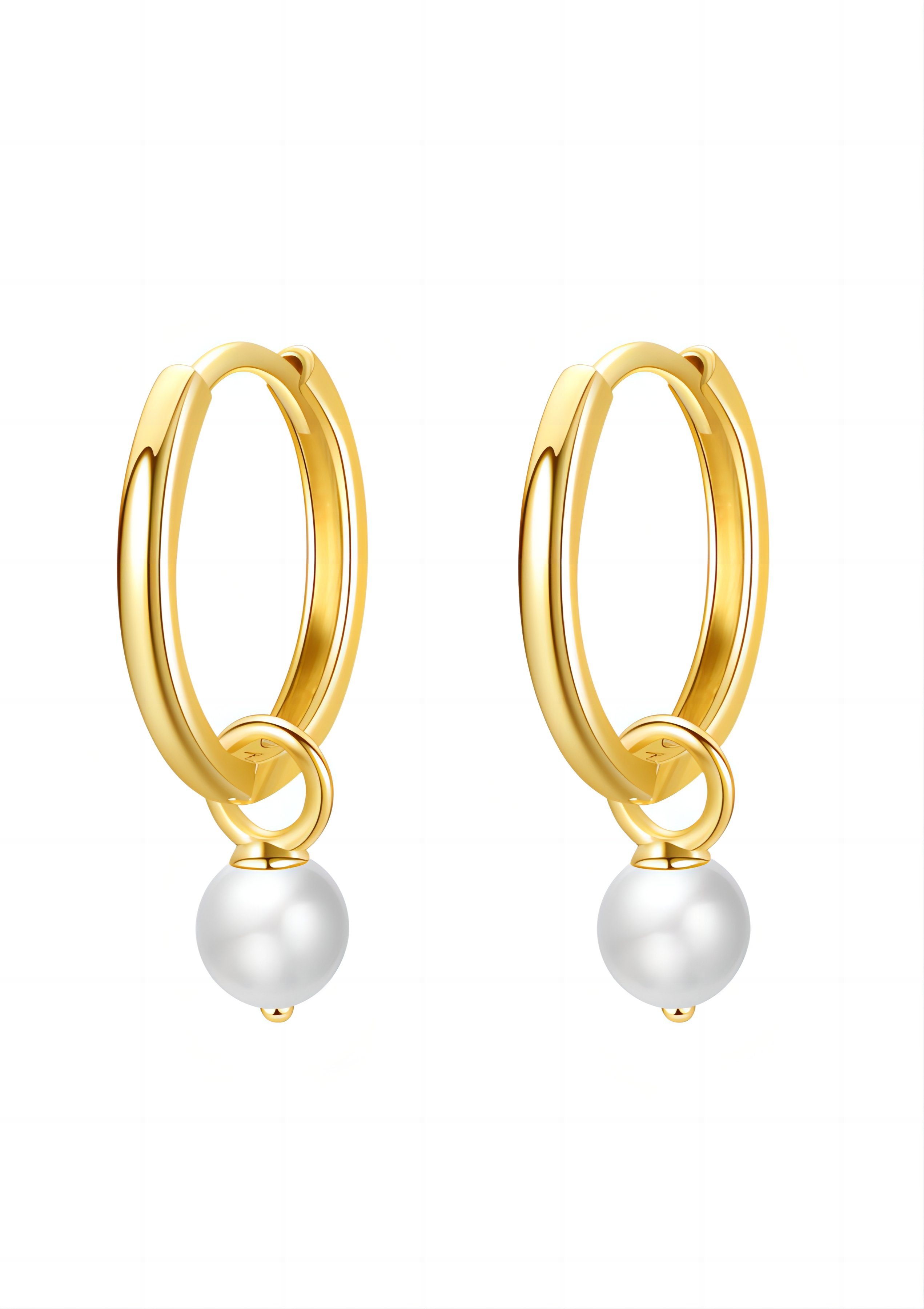 Dear Me Paar Creolen Weiße Perlen, Damen Ohrringe 14K Massivgold, 585 Gelbgold Weißgold Perle Creolen, Echtgold Brautschmuck