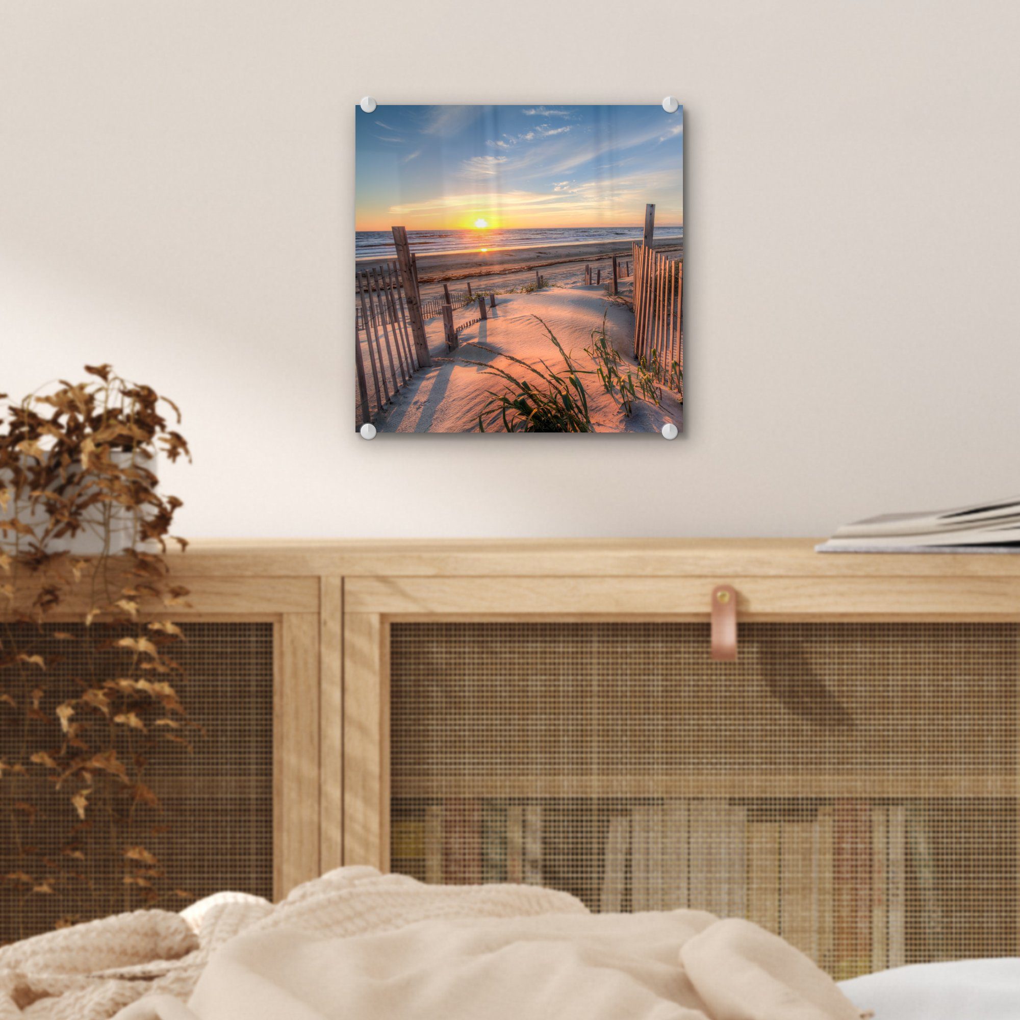 (1 Düne Bilder St), - bunt Glasbilder Acrylglasbild MuchoWow Landschaft, - - Foto Glas - Wanddekoration Strand Sonnenuntergang - - Wandbild - Meer Glas auf auf