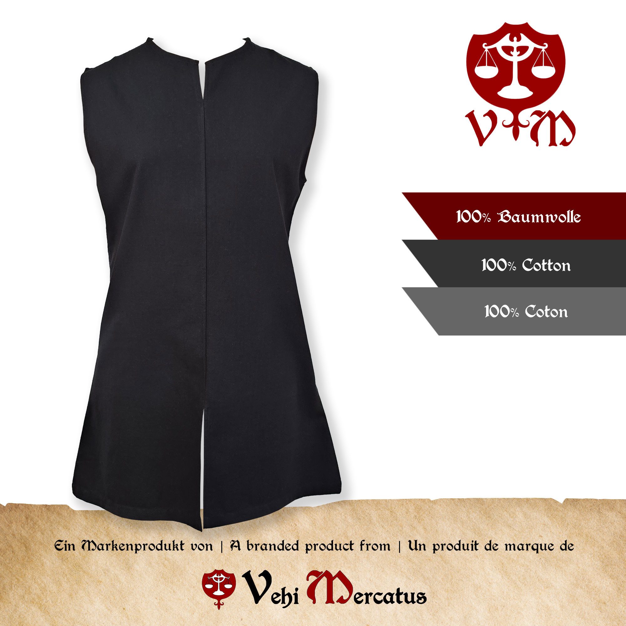 Vehi Mercatus Wikinger-Kostüm Schlichte Mittelalter Tunika ärmellos Schwarz "Viggo"