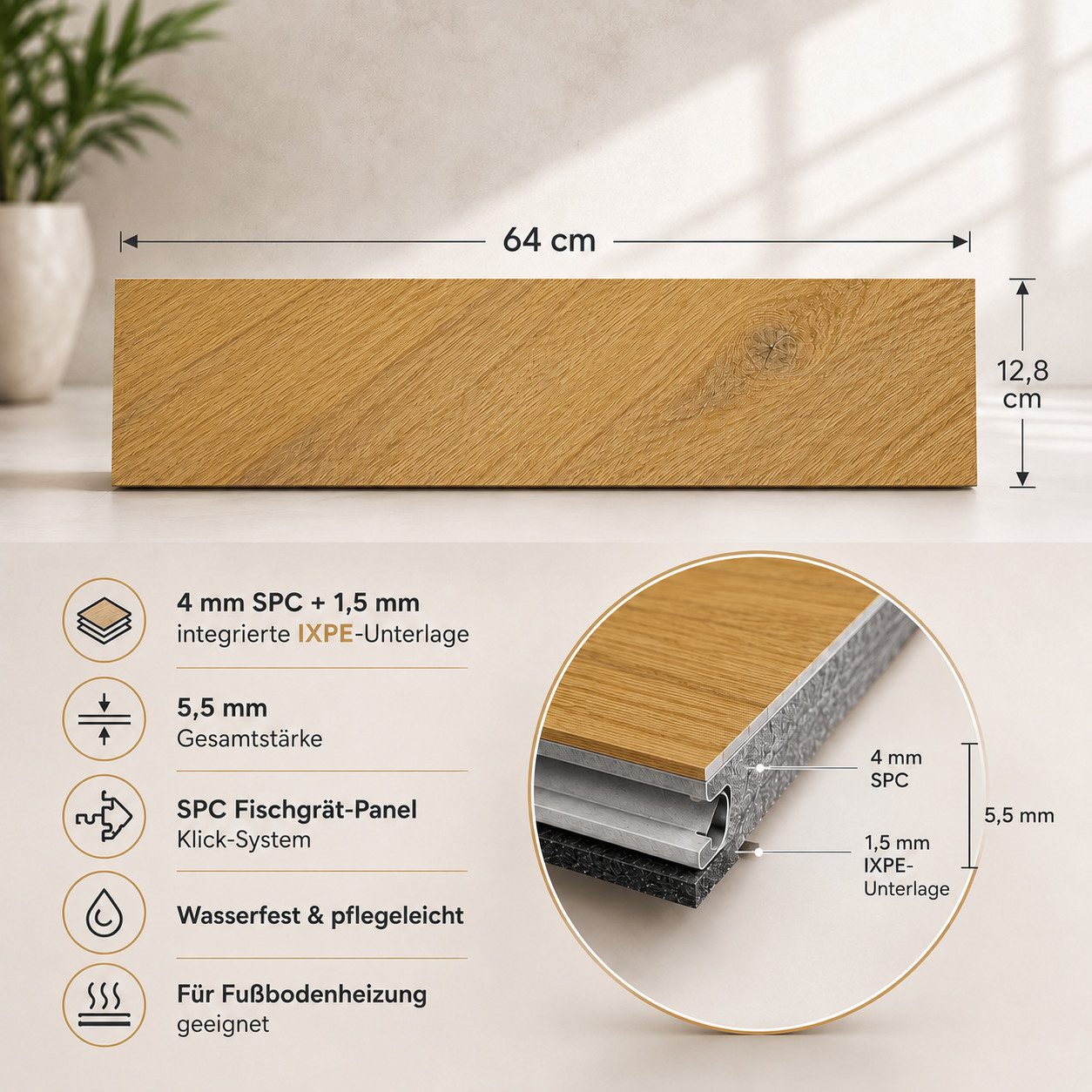 Berti Graf Designboden SPC Fischgrät Vinylboden 5,5 mm Klick, Paket mit 24 Dielen, 12 x A und 12 x B, wasserfest, pflegeleicht, kleberfrei, Fischgrät-Design, formstabil