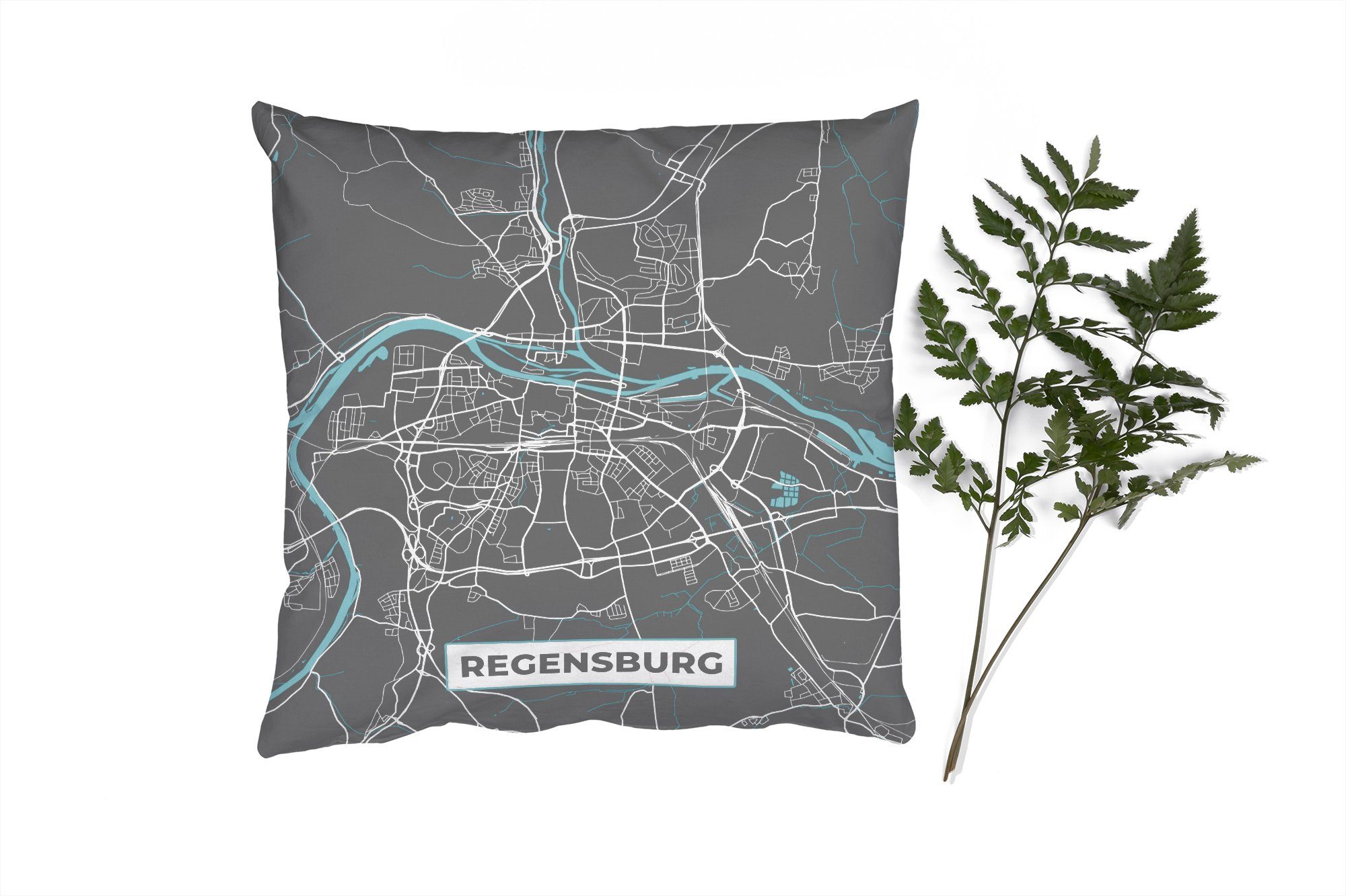 Stadtplan MuchoWow Füllung Schlafzimmer, Dekokissen Karte, für - Blau - mit Wohzimmer, - Sofakissen Deutschland - Deko, Regensburg Zierkissen