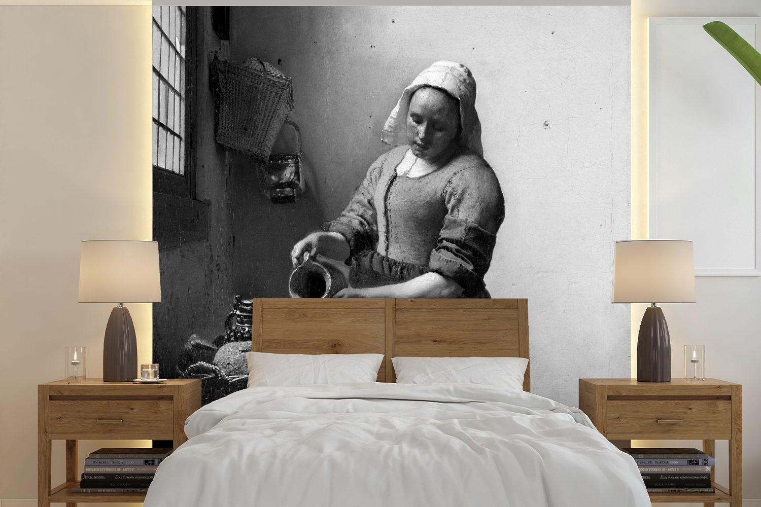 MuchoWow Fototapete Das Milchmädchen - Gemälde von Johannes Vermeer - schwarz und weiß, Matt, bedruckt, Vinyl Tapete für Wohnzimmer oder Schlafzimmer, Wandtapete, 260x260 cm