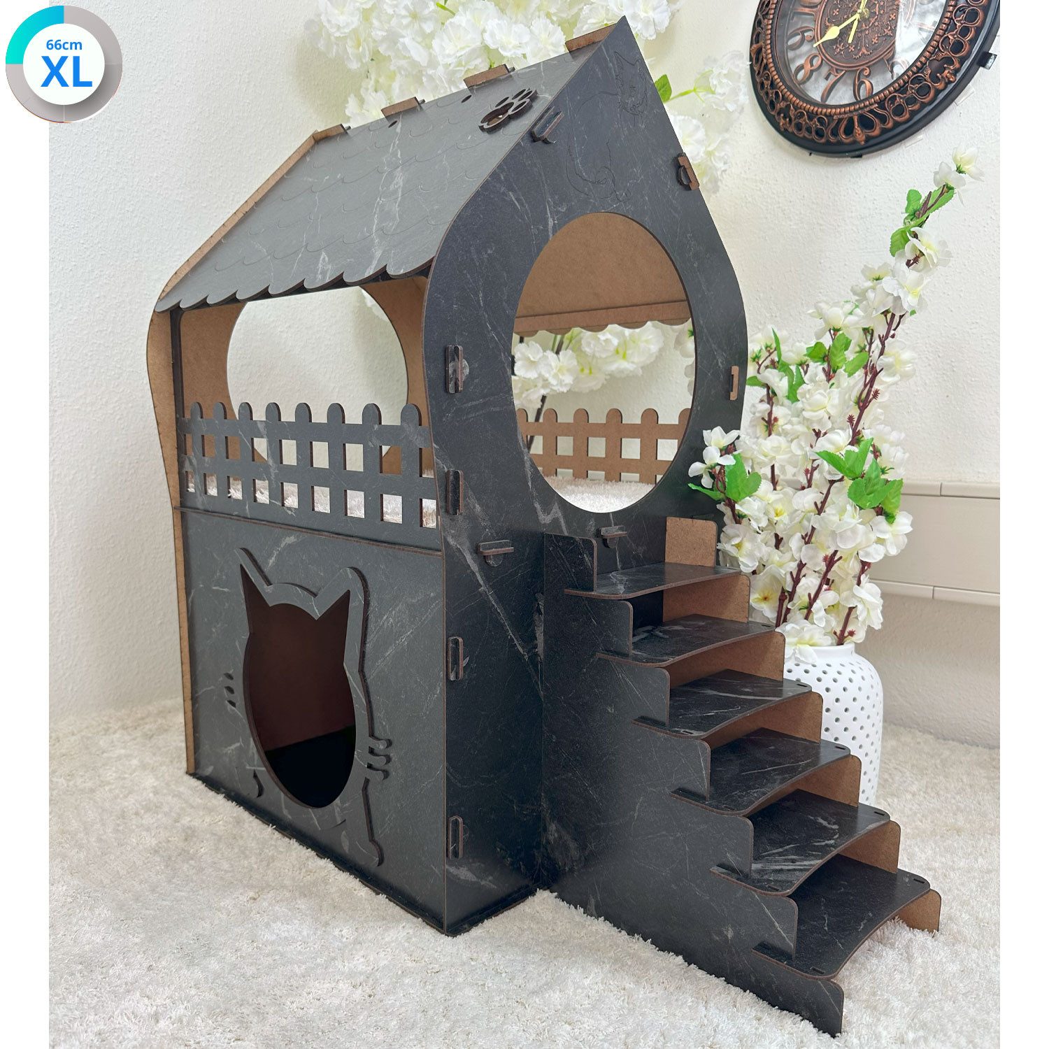 Jungengel Tierhaus Zweistöckiges Katzenhaus aus MDF – Schwarz Marmoriert, S günstig online kaufen