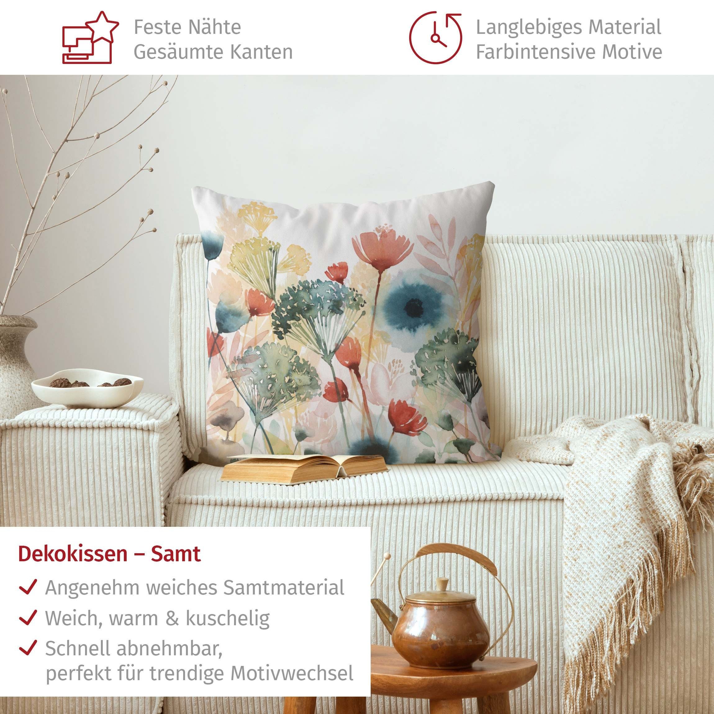 Bilderdepot24 Dekokissen drinnen Kissenhülle/ Sofakissen/ Zierkissen Kissenhülle weiss Blumen L, Bezug Aquarell mit / ohne Füllung Zierkissen Outdoor Sofa Bett