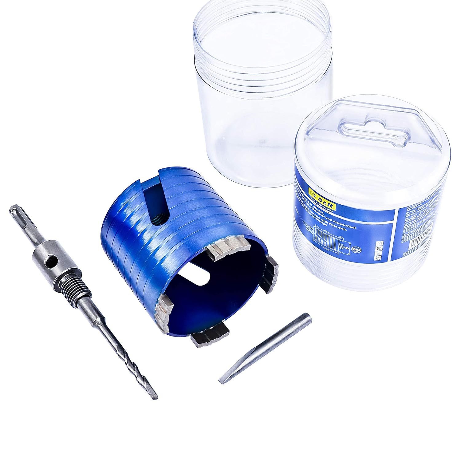 S&R Bohrkrone Diamantbohrkrone 68mm, Segmenthöhe 10mm, für gängige Bohrmaschinen, Set, 3-tlg., + mit Zentrierbohrer 8x120 mm und SDS-plus Adapter, für armierter Beton, abrasive Betonprodukte, Vollziegel, Mauerwerk