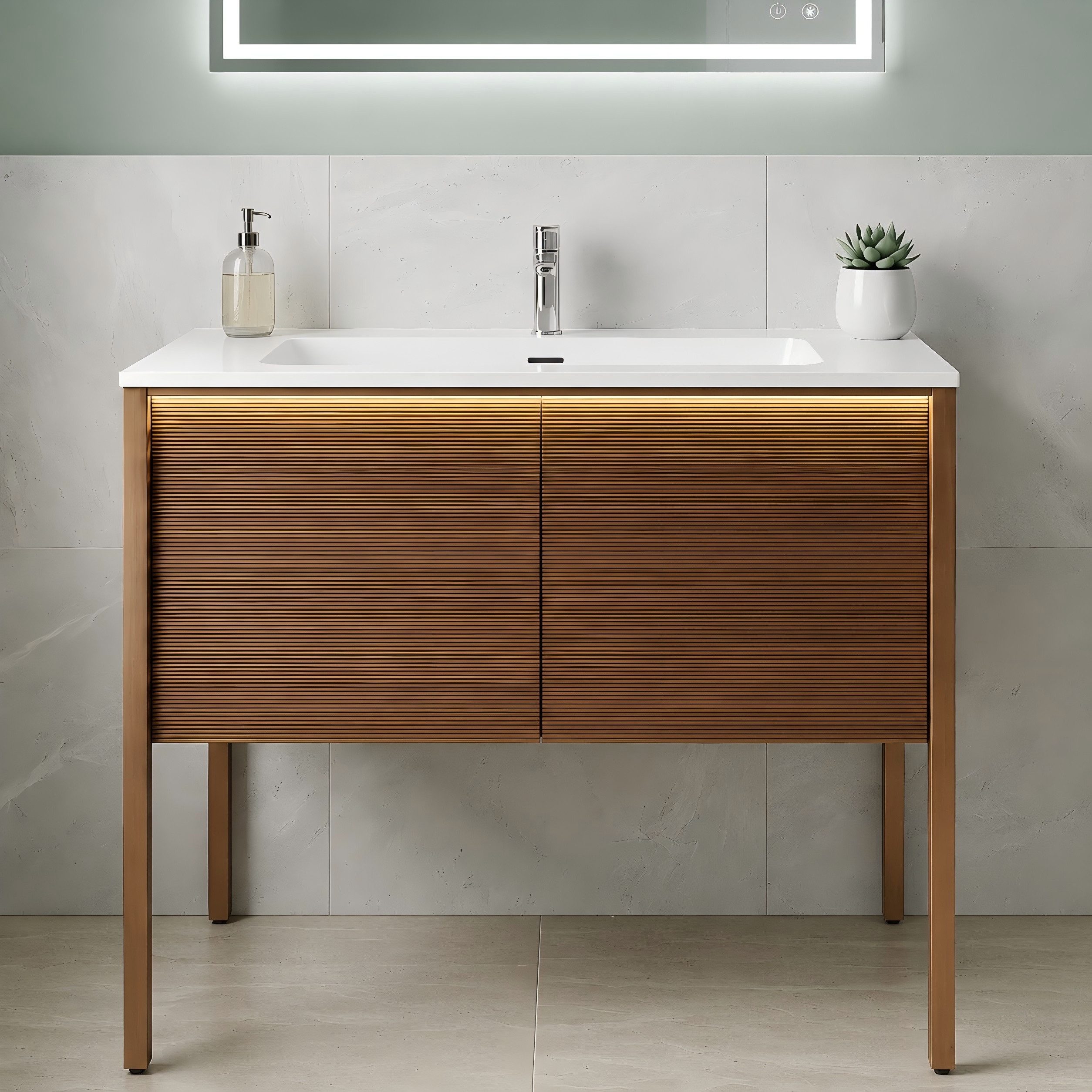 SONNI Waschbeckenschrank Waschbeckenunterschrank mit Sensorleuchte & Waschbecken Holzfarbe mit Gittertür, Breite 89/79cm, mit Sensorleuchte, Naturholz-Optik