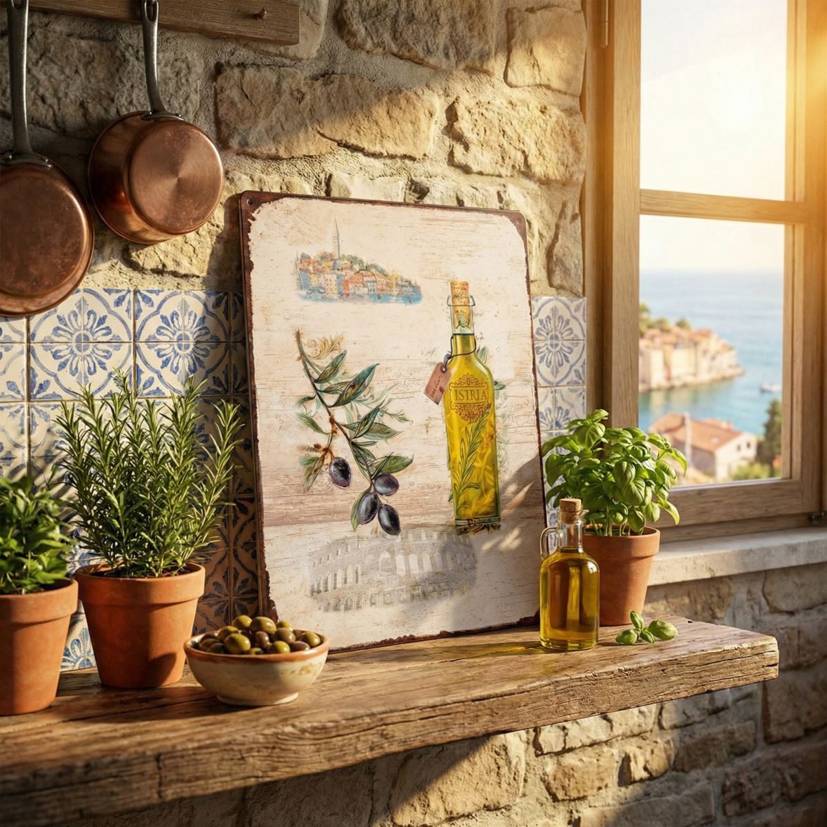 Ambiente Haus Metallbild Istria, Kroatien, Küche, Natur, Vintage (1 St), Metallbild - Istrien & Olivenöl