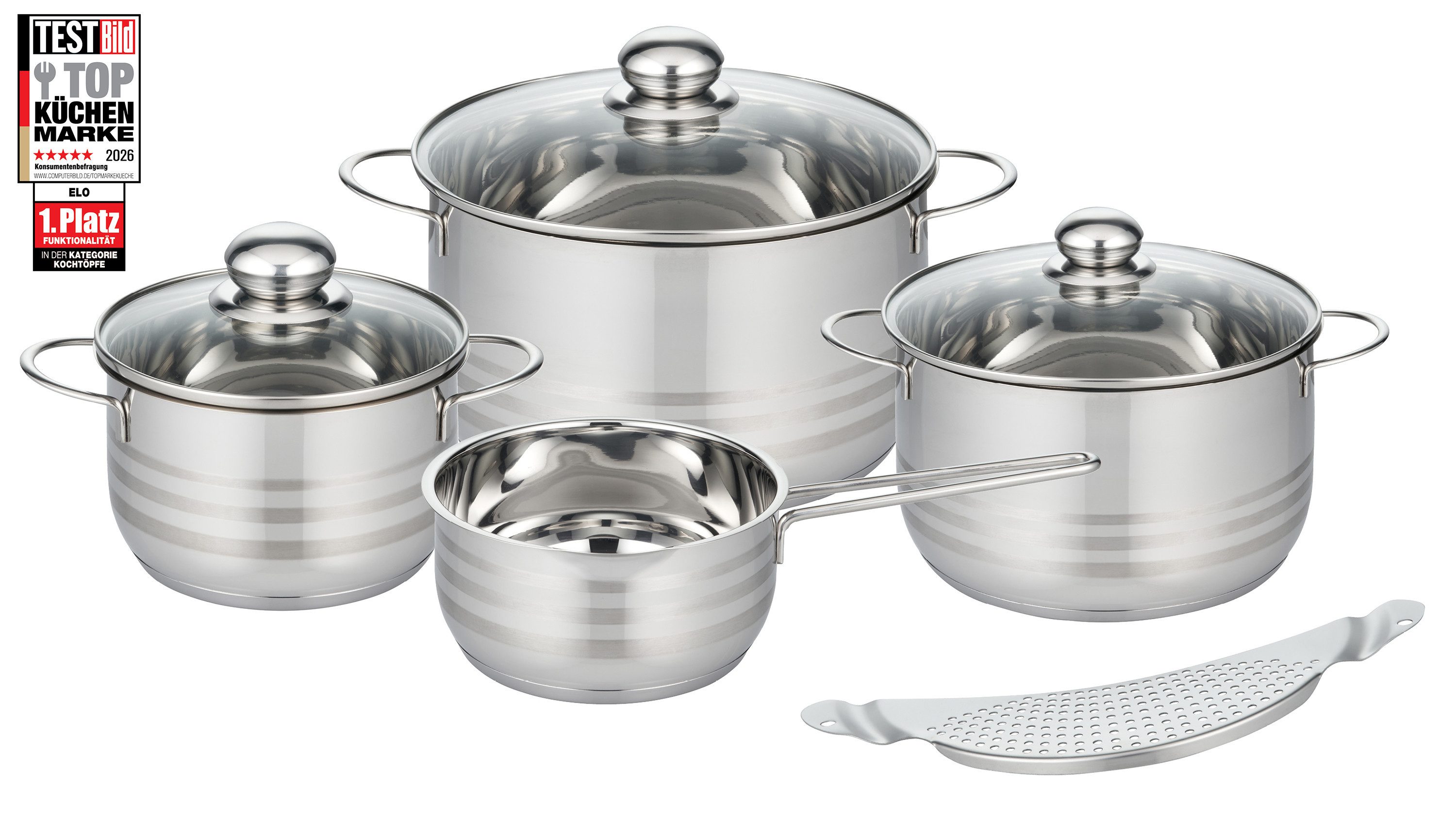 Elo Basic Topf-Set Brilliant, Edelstahl (Set, 8-tlg., je 1 Fleischtopf mit Deckel Ø 16/20/24 cm, 1 x Stielkasserolle Ø 16 cm), Induktion, inkl. Abgießhilfe