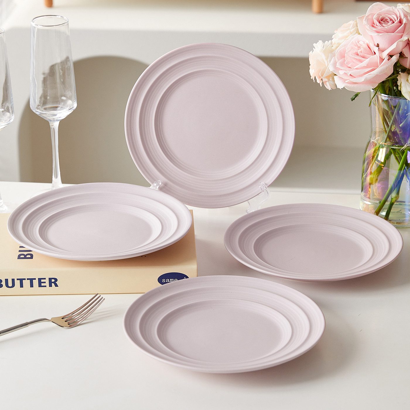 JIWOO Teller 4er Ø21,4cm, Salatteller Frühstücksteller Pastateller Dessertteller, (4 St), Keramik Hochwertiges Tellerset Lila Mikrowellen spülmaschinenfest