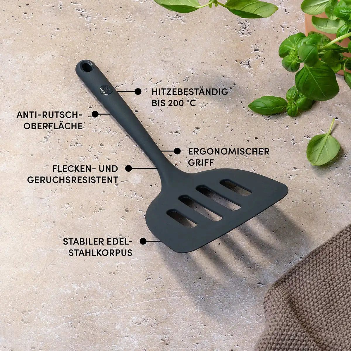 Hoffmann Germany Pfannenwender XXL Küchenhelfer Silikon Edelstahl 30 cm anthrazit, Edelstahlkern, extra breite Fläche 13 cm, 200°C, spülmaschinenfest – Bild 5 von 5