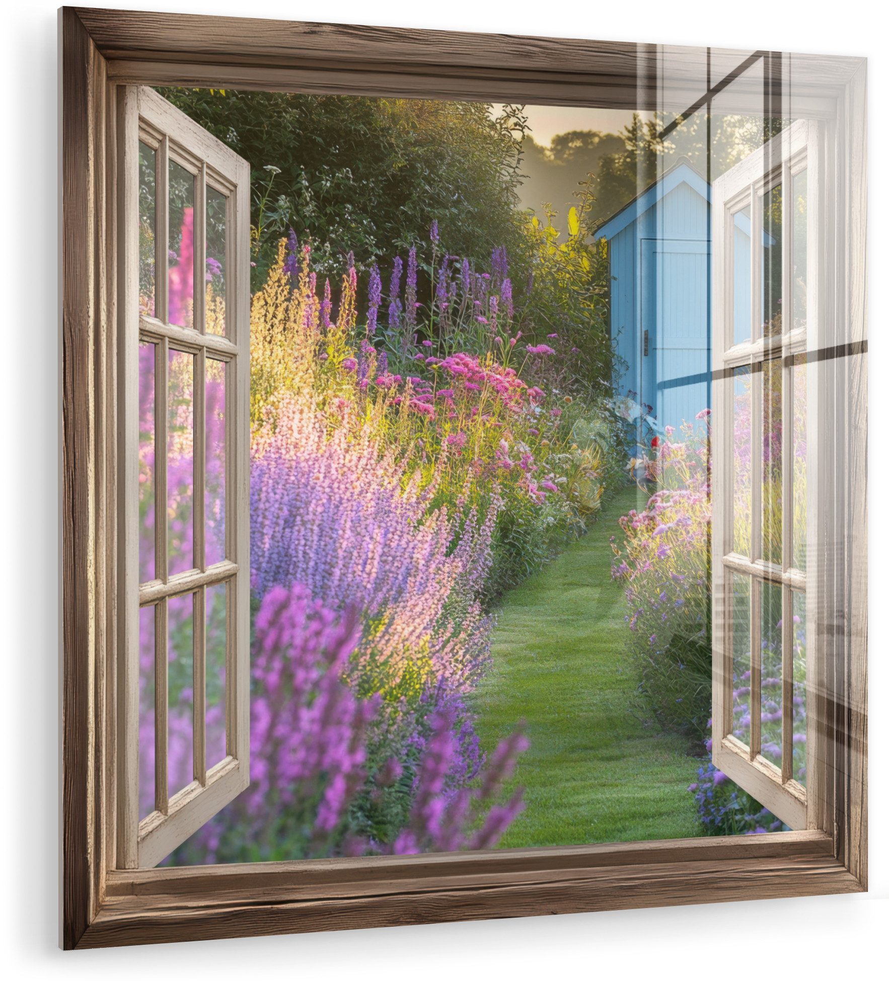 MuchoWow Acrylglasbild Fensterblick - Fenster - Blumen - Fenster - Natur, Inkl. Aufhängung, Bilder auf Glas Wandbild, Wanddeko Wohnzimmer Badezimmer, 20x20 cm