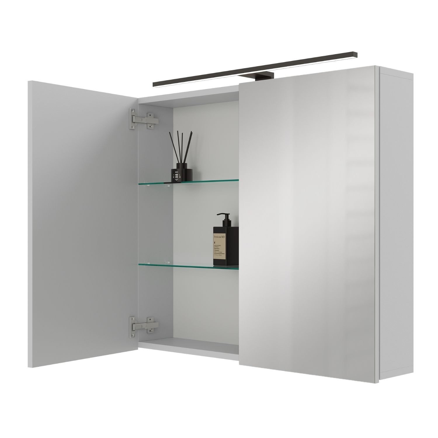 Planetmöbel Spiegelschrank ARIA Badschrank mit Spiegel hängend 80 cm (Spiegelschrank Bad 80 cm mit Beleuchtung und Steckdose, Badspiegelschrank 2-türig) Steckdose für Elektrogeräte