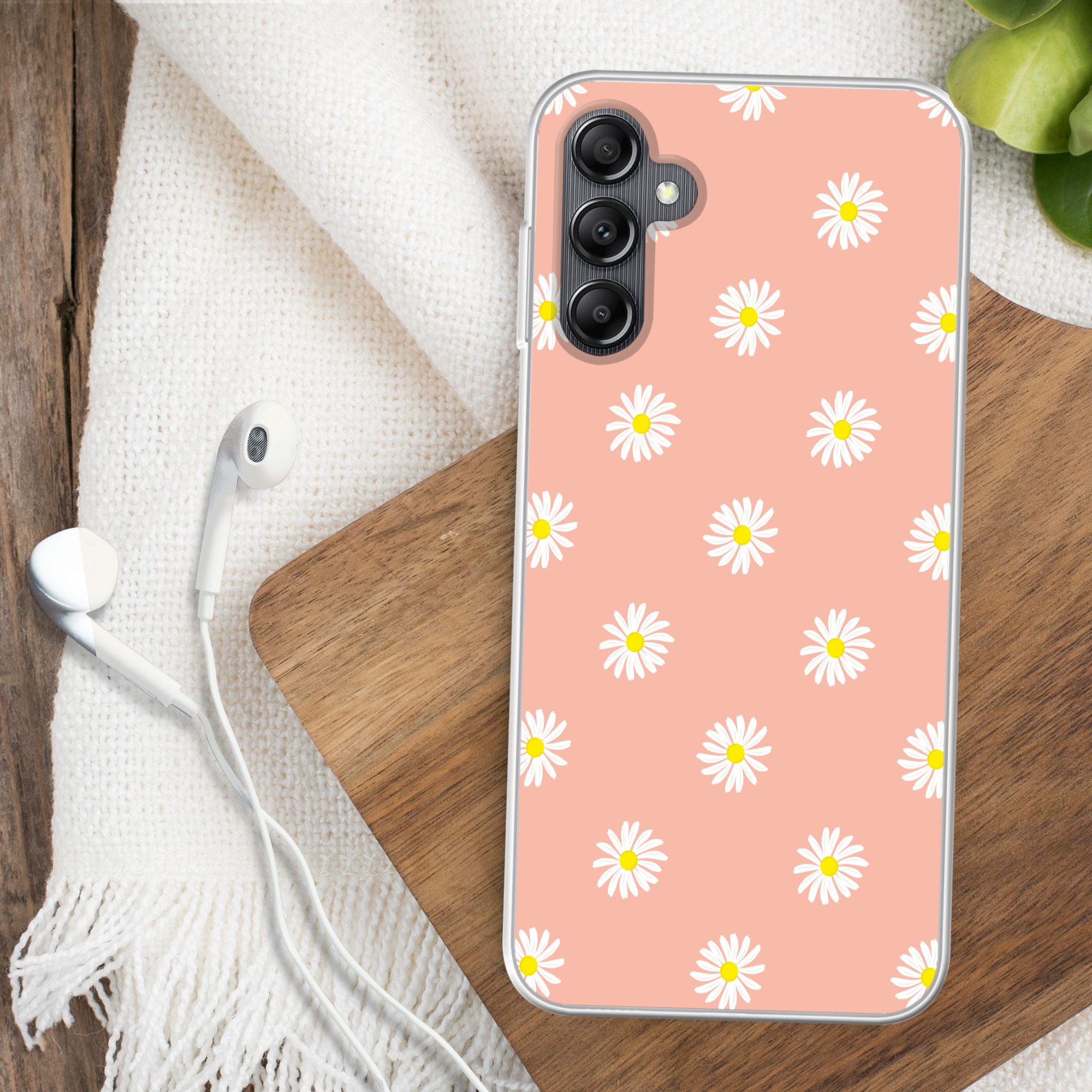 MuchoWow Handyhülle für Samsung Galaxy A14 5G Gänseblümchen - Pastell - Weiß - Rosa - Blum, Smartphone-Bumper, Print, Handy Schutzhülle Dünn