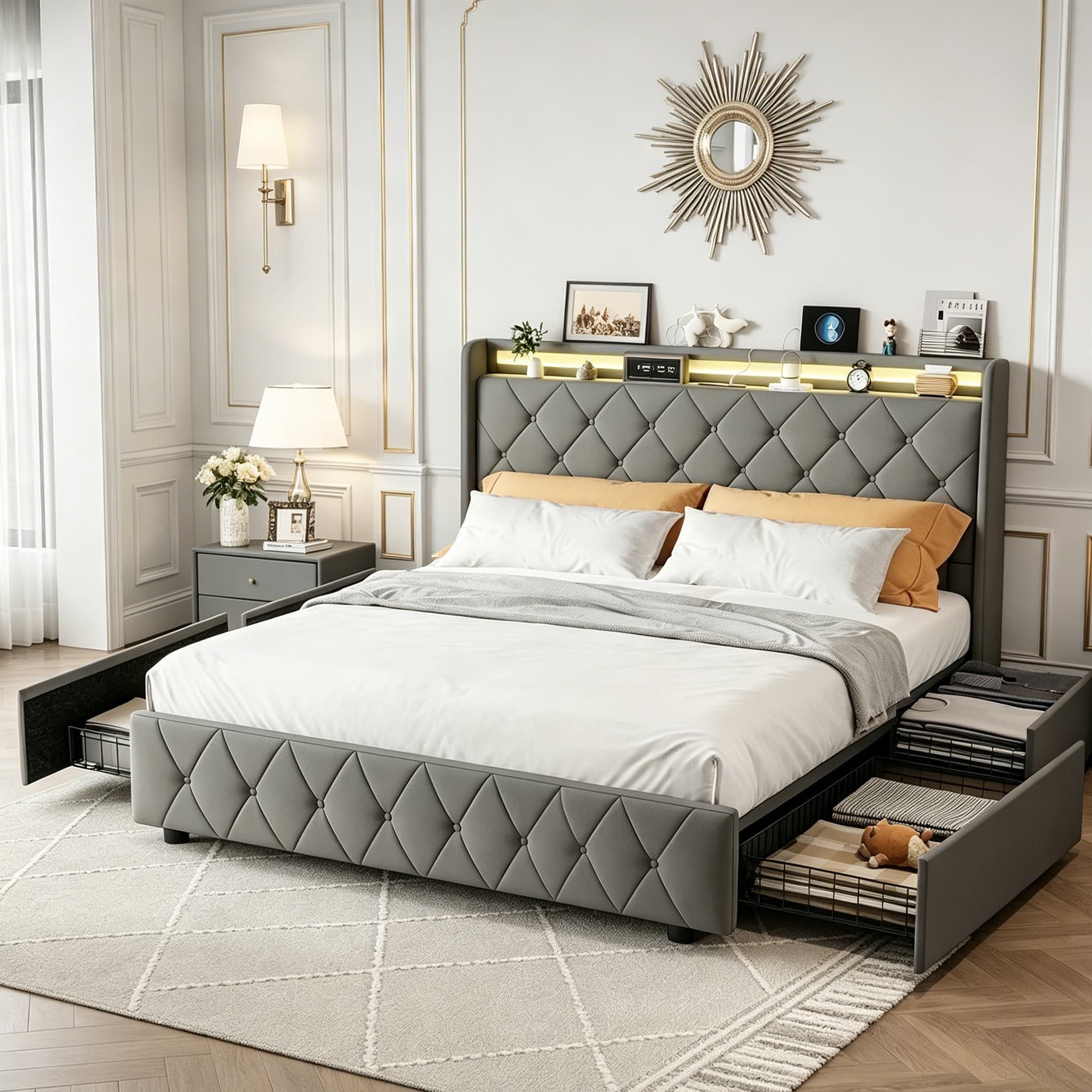 Simurq Polsterbett Doppelbett und 4 Schubladen,LED Bett mit Ladefunktion (Packung, 1-tlg., Bettgestell mit Lattenrost,Bett mit Stauraum), Stauraumbett 140x200,G – Bild 2 von 5