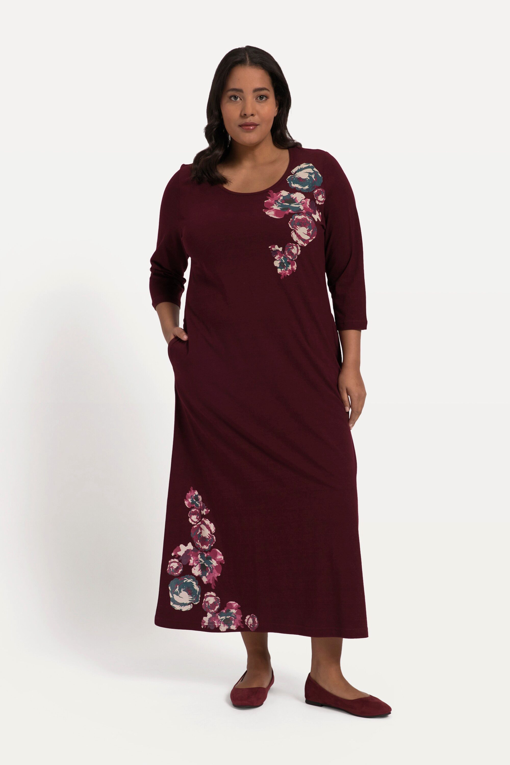 Maxikleid Jerseykleid A-Line Blütendruck Taschen 3/4-Arm