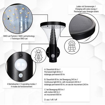 Kiom Außen-Wandleuchte Solar Wandleuchte Durazzo schwarz Sensor 600 lm, Bewegungsmelder und Dauerlicht, LED, LED-Leuchtmittel fest verbaut, warmweiß