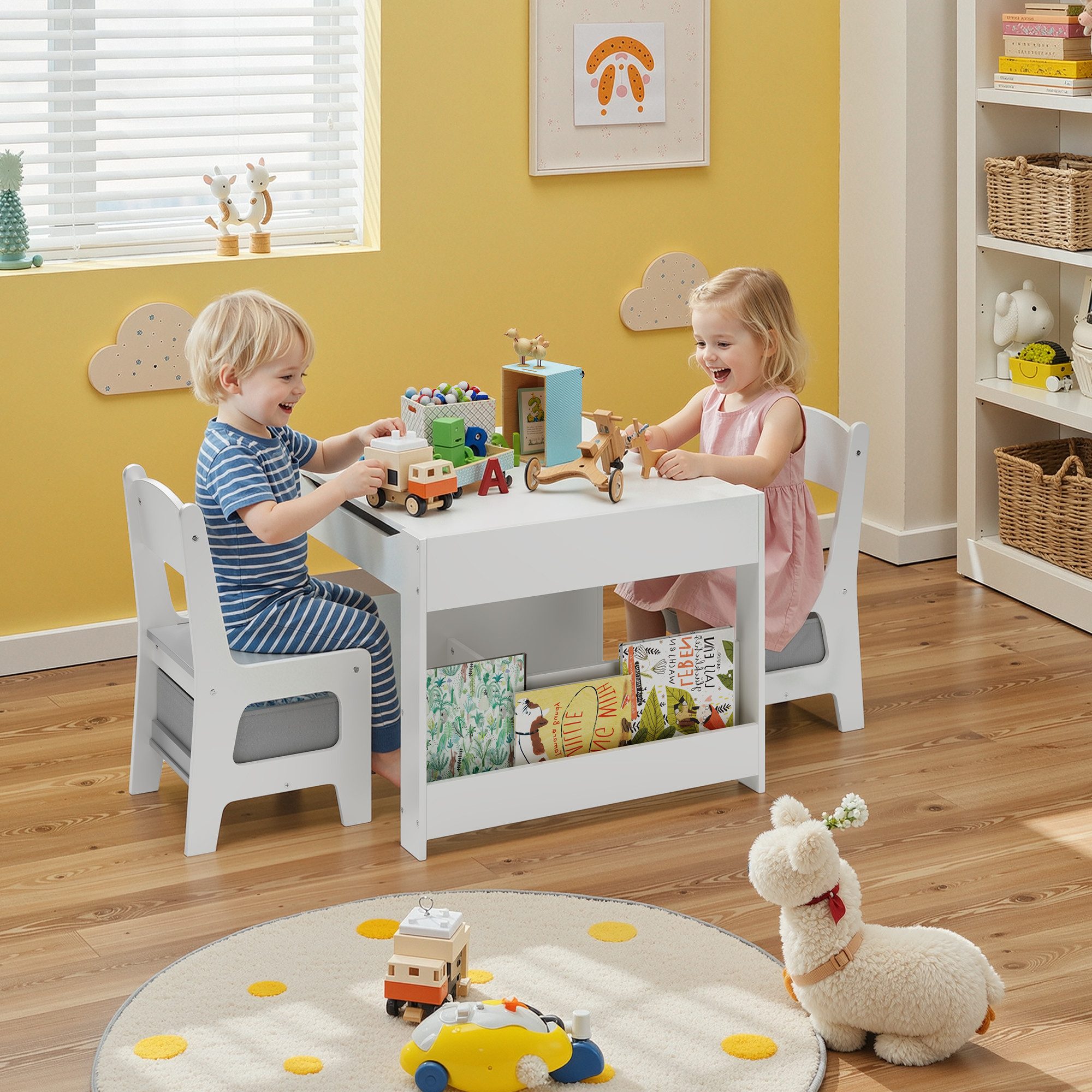 Bealife Kindersitzgruppe Kindertisch mit 2 Stühlen, (3-tlg., Kindertisch mit 2 Stühlen), Umklappbare Tischplatte – Bild 2 von 5