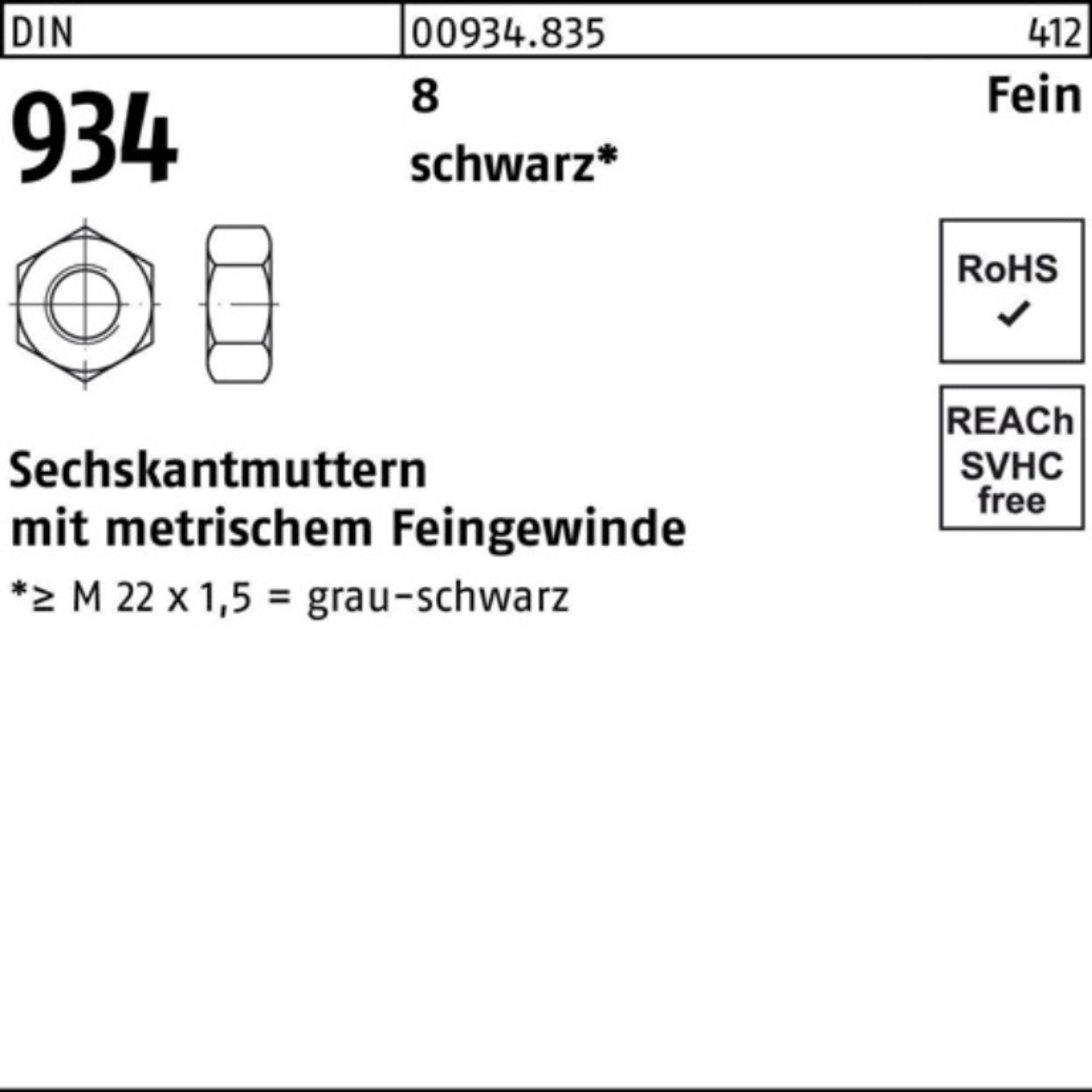 Reyher Muttern 100er Pack 009348350360200 Sechskantmutter DIN 934 M 36 x 2 8 schwarz