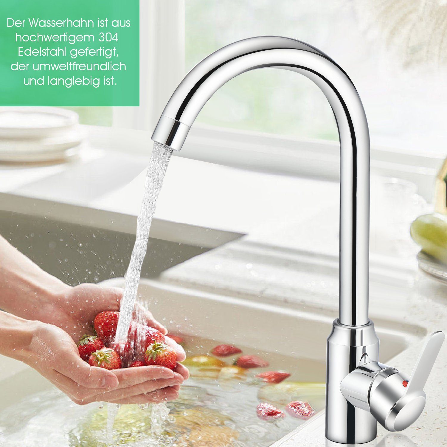 LETGOSPT Küchenarmatur Niederdruck Edelstahl 360° Wassersparend-Armatur Mischbatterie Silber Anschlüsse, Wasserhahn, Sprudler, mit Drehung 50cm Wasser, mit G3/8‘’