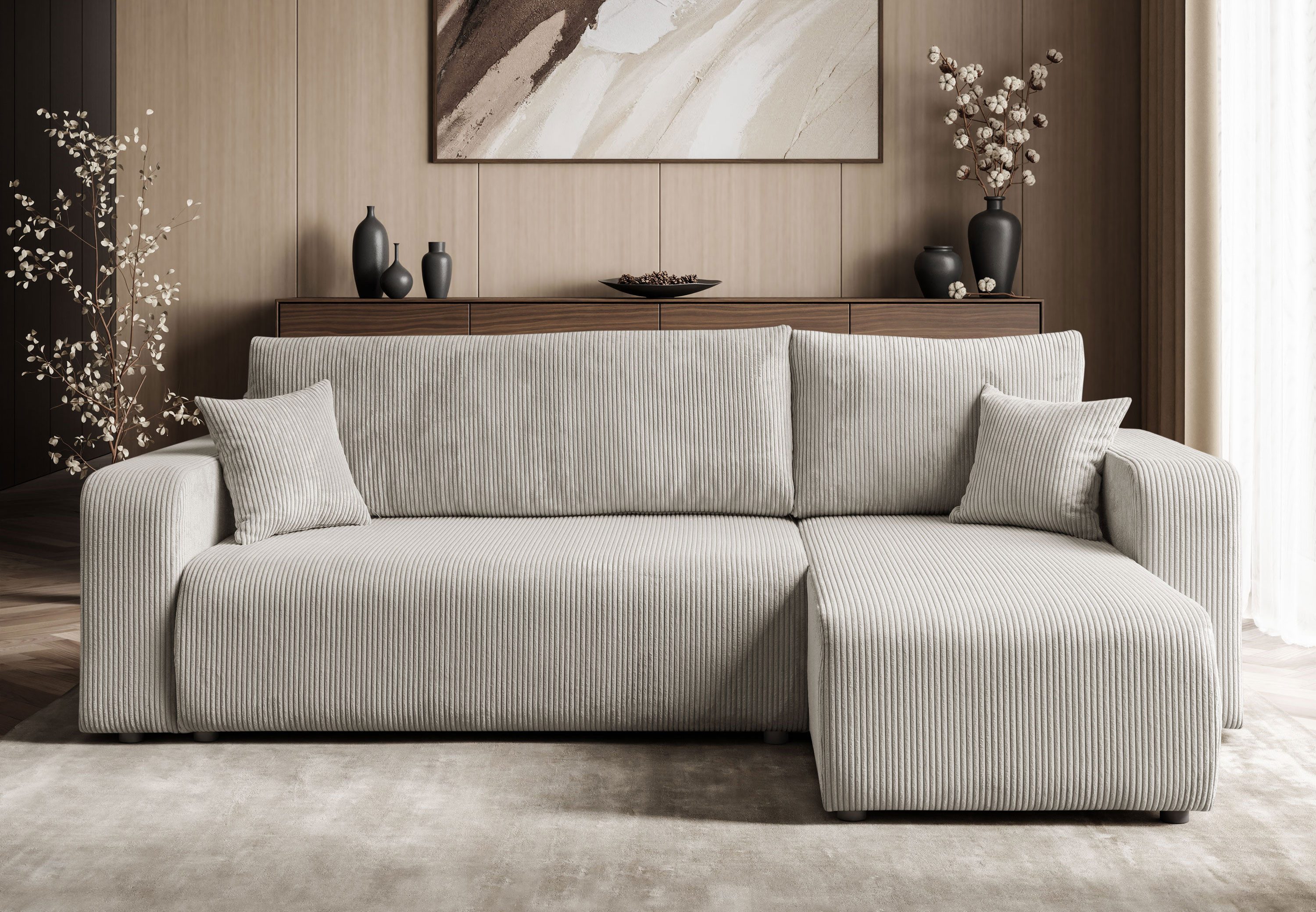 Lookway Ecksofa PRESTIGE L-Form Couch, Cord-Stoff, mit Bettfunktion und Bettkasten, Seite universal, 247/277x143x83 cm