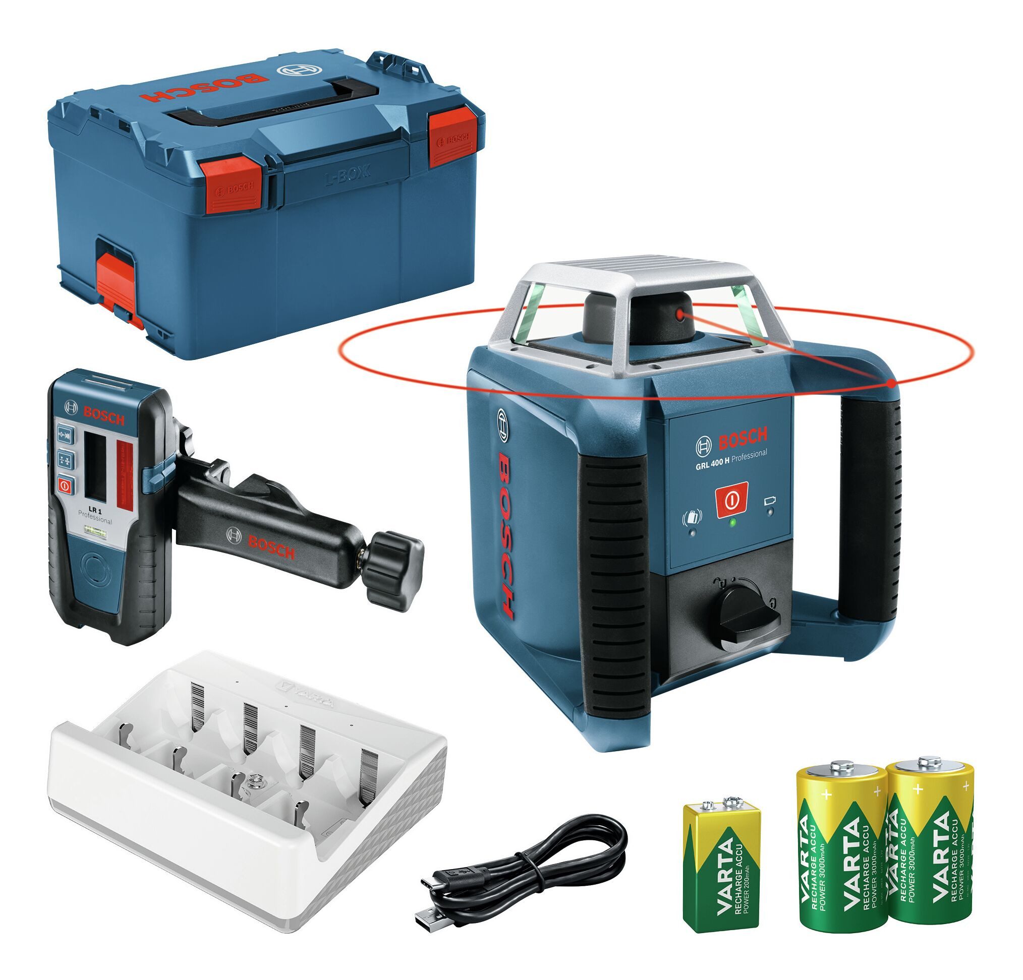 BOSCH Punkt- und Linienlaser GRL 400 H, Mit 3x Varta-Akku & Laser-Empfänger LR 1 - in L-BOXX 238