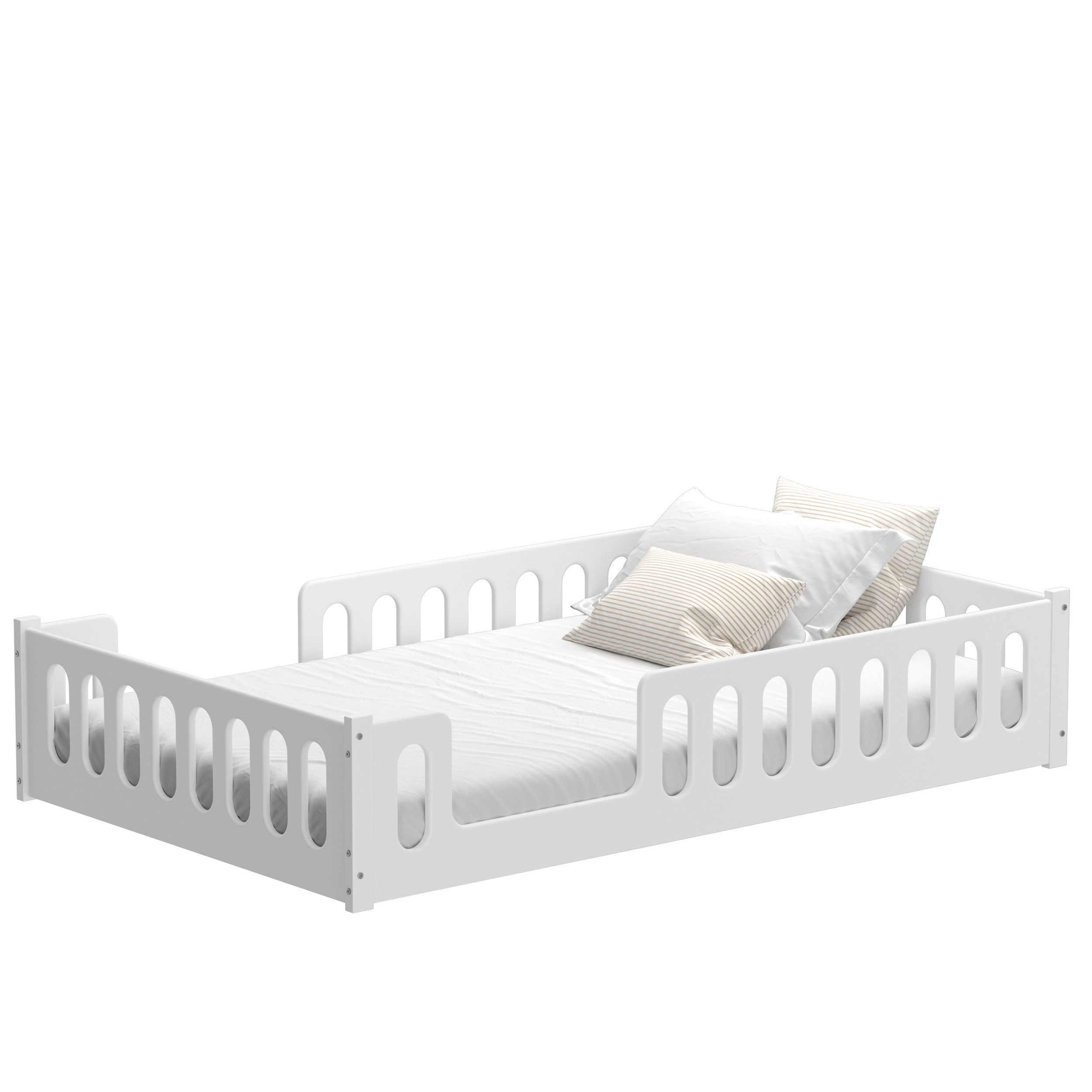 CADANI Kinderbett MONTE Bodenbett mit abnehmbaren Rausfallschutz - bis 200 kg belastbar (120x200 cm, Weiß, 2in1 Montessori Kinder- und Jugendbett), 2 Aufbauvarianten, barrierefrei umbaubar, Roll-Lattenrost, Made in EU