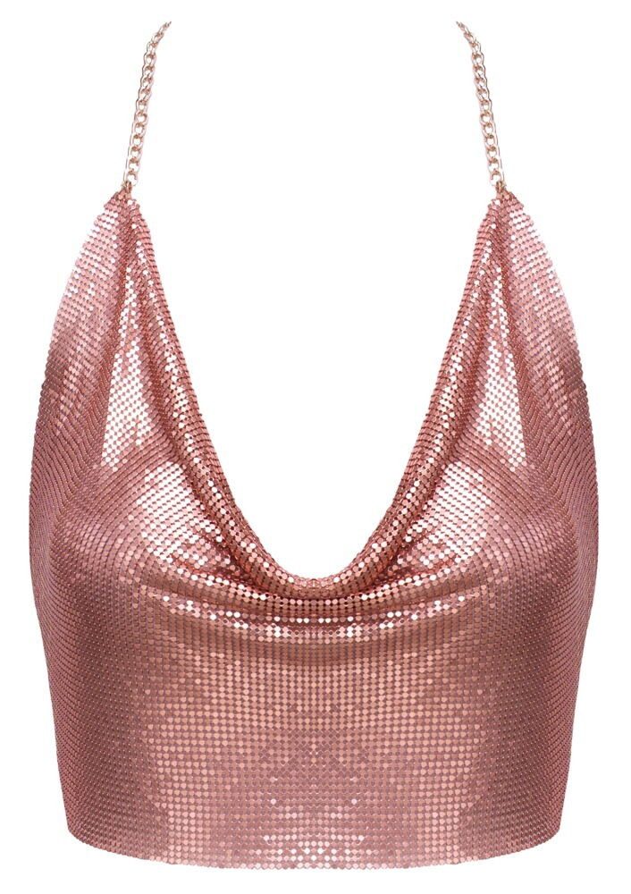 Cottelli ACCESSOIRES Spaghettitop Bauchfreies Metall-Top in Roségold mit wasserfall-Ausschnitt (1-tlg) Kette im freien Rücken verstellbar