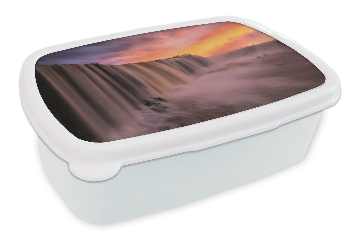 MuchoWow Lunchbox weiß - und Brotdose, (2-tlg), Erwachsene, Brotbox für und für Mädchen Sonnenuntergang Kinder Wasserfall - Kunststoff, Jungs Natur