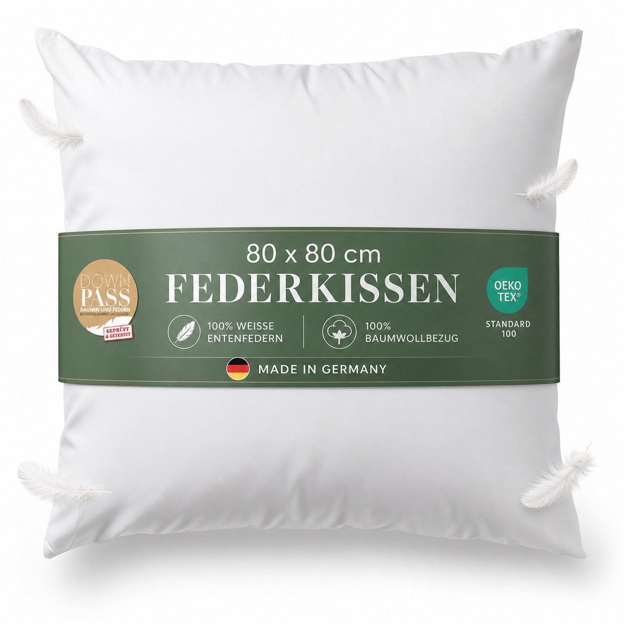 Bestlivings Federkissen "Tierwohl" 80x80 cm Made in Germany, Füllung: 100% Federn, Bezug: 100% Baumwolle, Seitenschläfer, Rückenschläfer, Bauchschläfer, Downpass zertifiziert (Tierschutz & Qualität), allergikerfreundlich