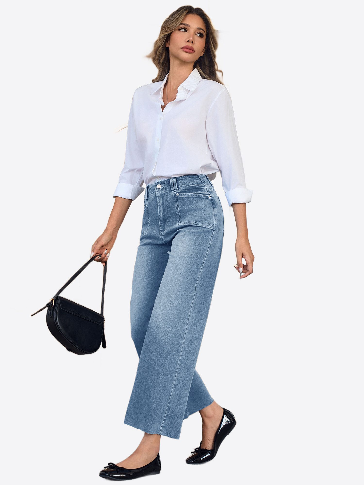 Imily Bela High-waist-Jeans Damen Cropped Dehnbare Baggy Geradem Weitem Bein Denim Baggy (Packung, 1-tlg., 1per-Pack) 4-Pocket Style in Unifarbe
