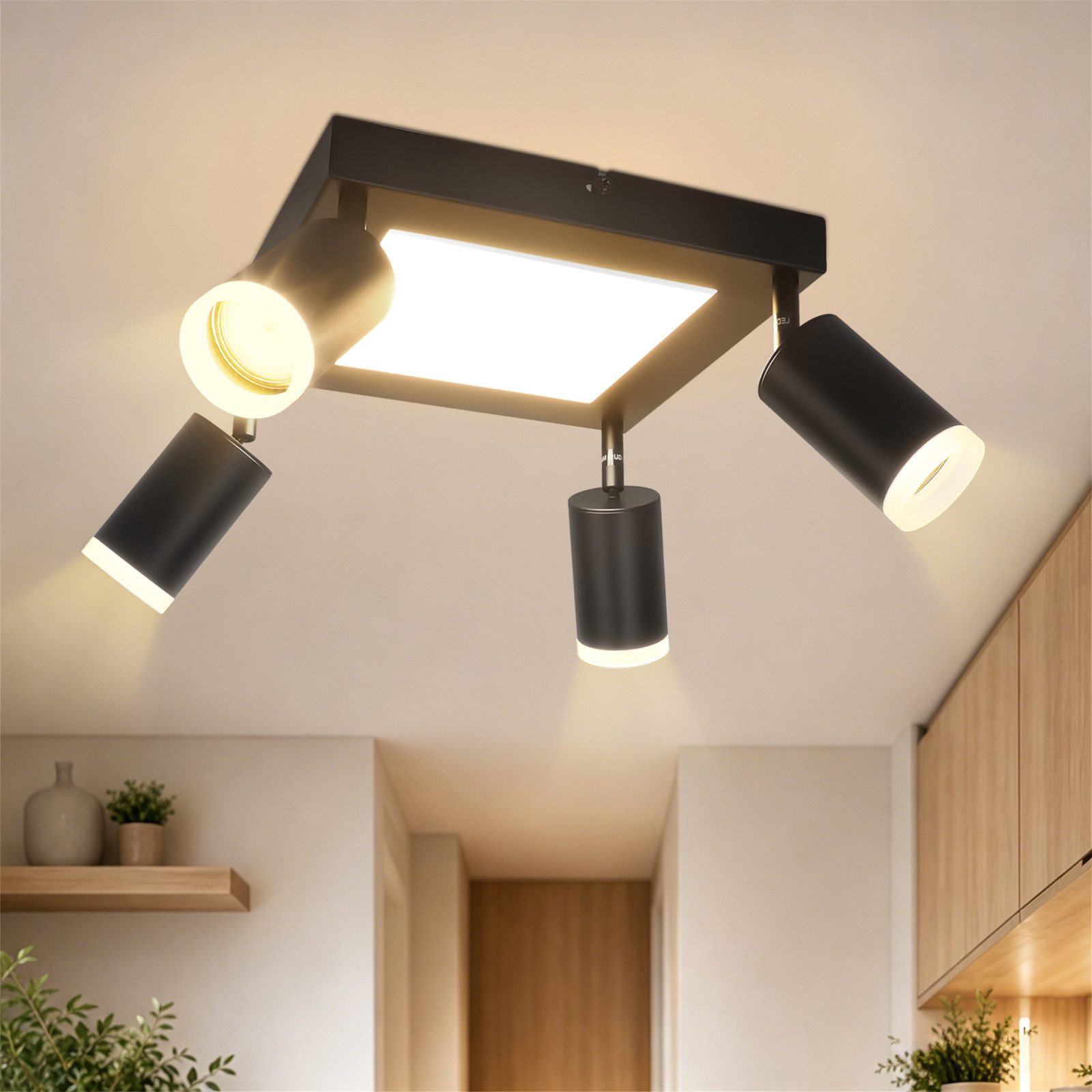 ZMH Deckenstrahler 4 Flammig Quadratisch/Rund 20W Deckenleuchte 3000K GU10 Wohnzimmer, Einfache Installation, LED fest integriert, ohne Leuchtmittel, Warmweiß