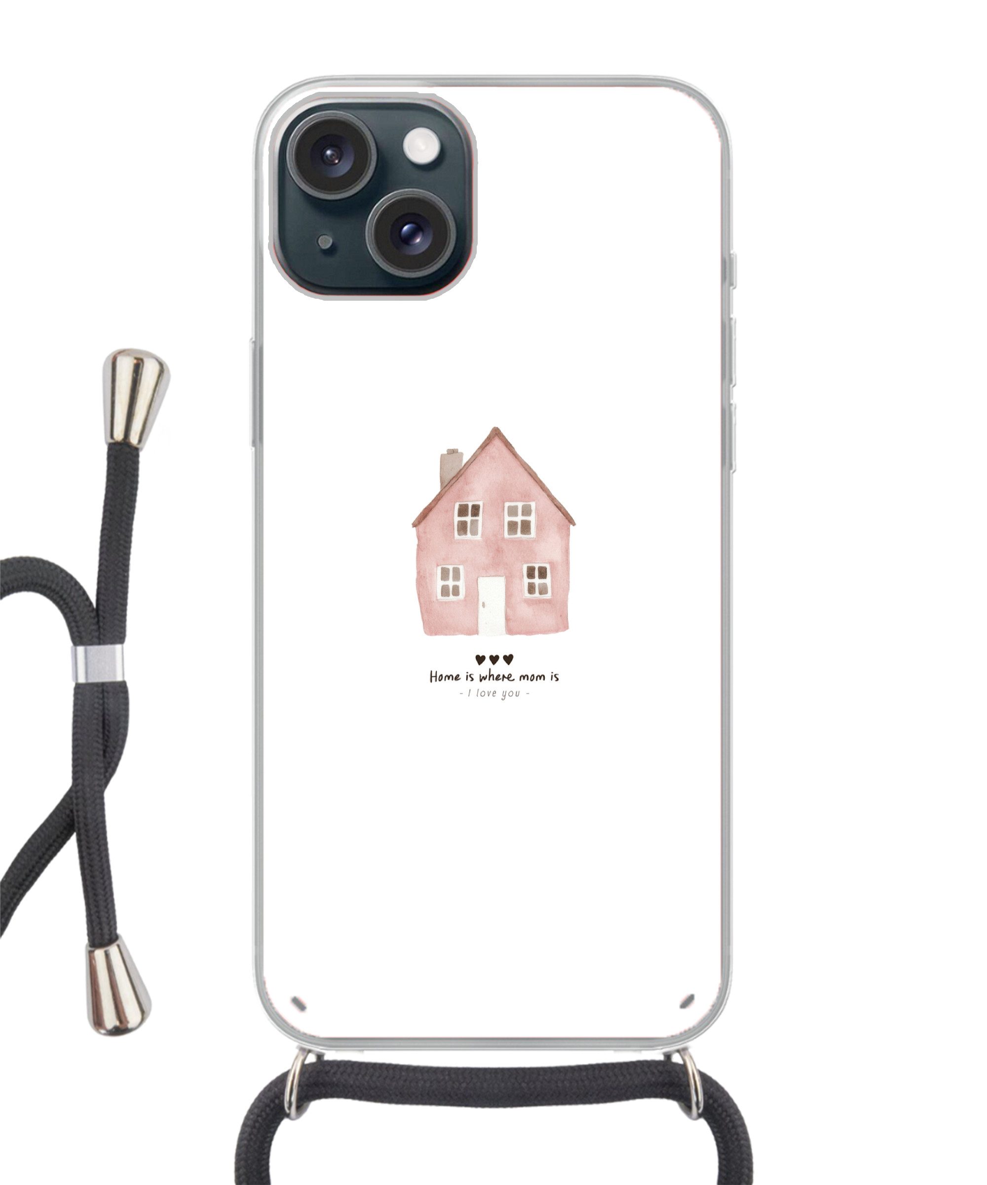 MuchoWow Handyhülle für Apple iPhone 15 Landhaus - Rosa - Zitat - Mutter, Tragbare Handyhüllen mit Kette zum umhängen, Handykette Handyband