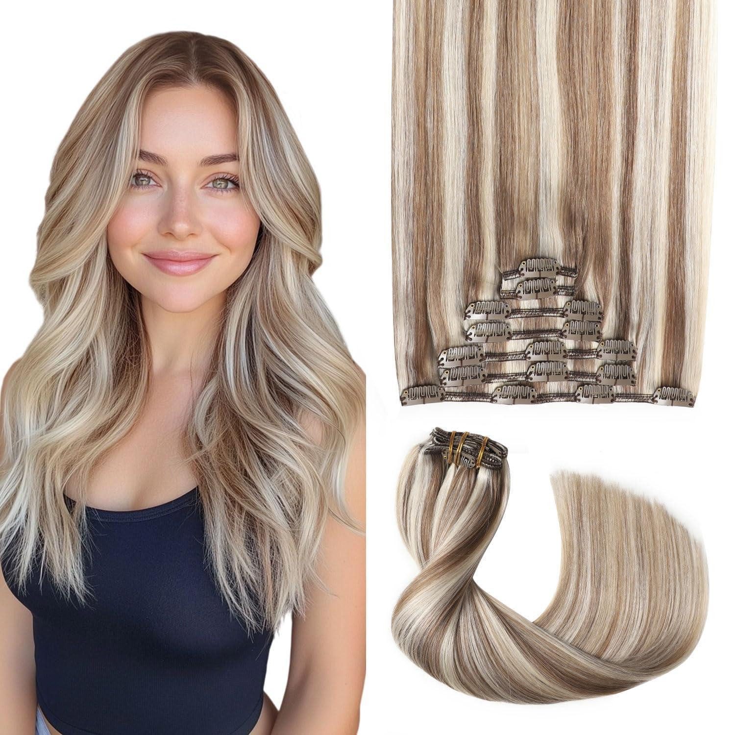 Echthaar-Extension Extensions Echthaar Clip 120g 7 40cm #8p60 Hellbraun mit Platinblond