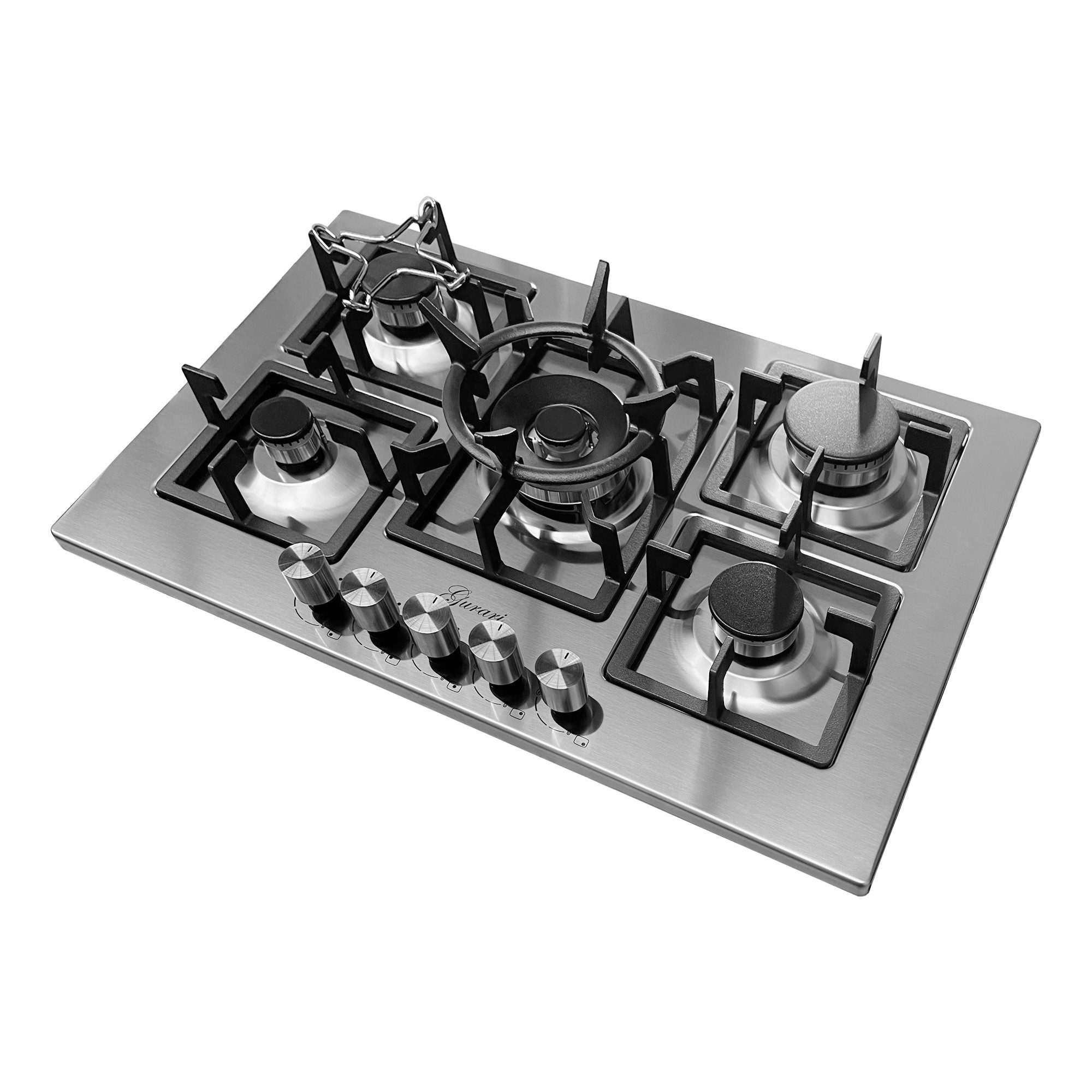 GURARI Gas-Kochfeld GCH FQ 755+WOK Adapter, 75 cm, Edelstahl, 4,0 KW WOK, 5 Gasbrenner,Erdgas, FL.Gas