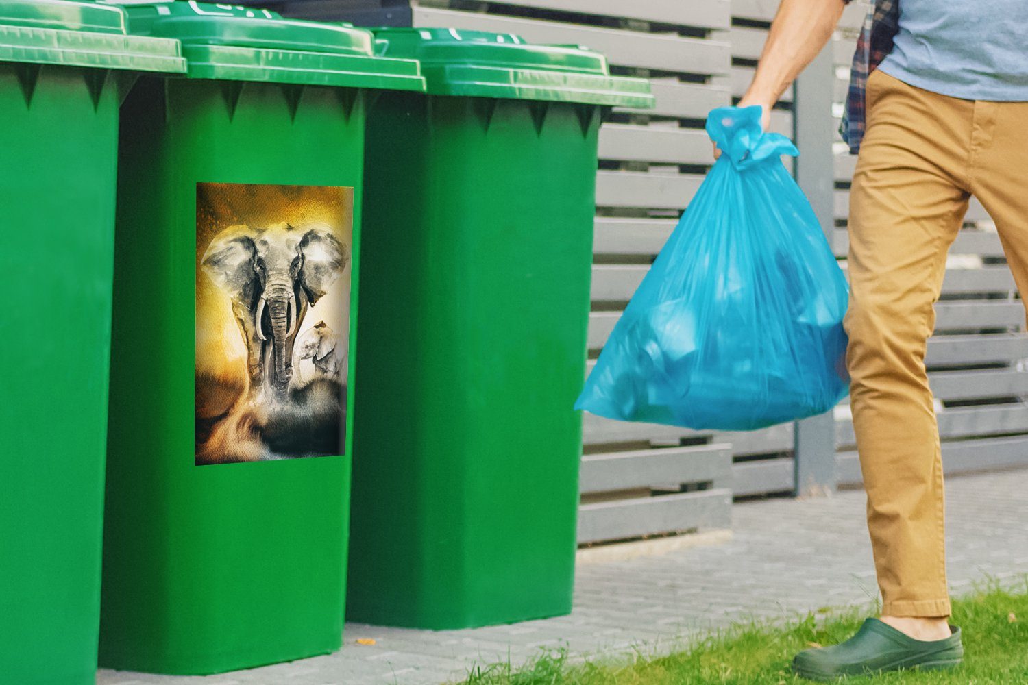 St), Elefant - MuchoWow Mülltonne, Aquarellfarbe Container, Wandsticker (1 Abfalbehälter Sticker, Mülleimer-aufkleber, - Gelb