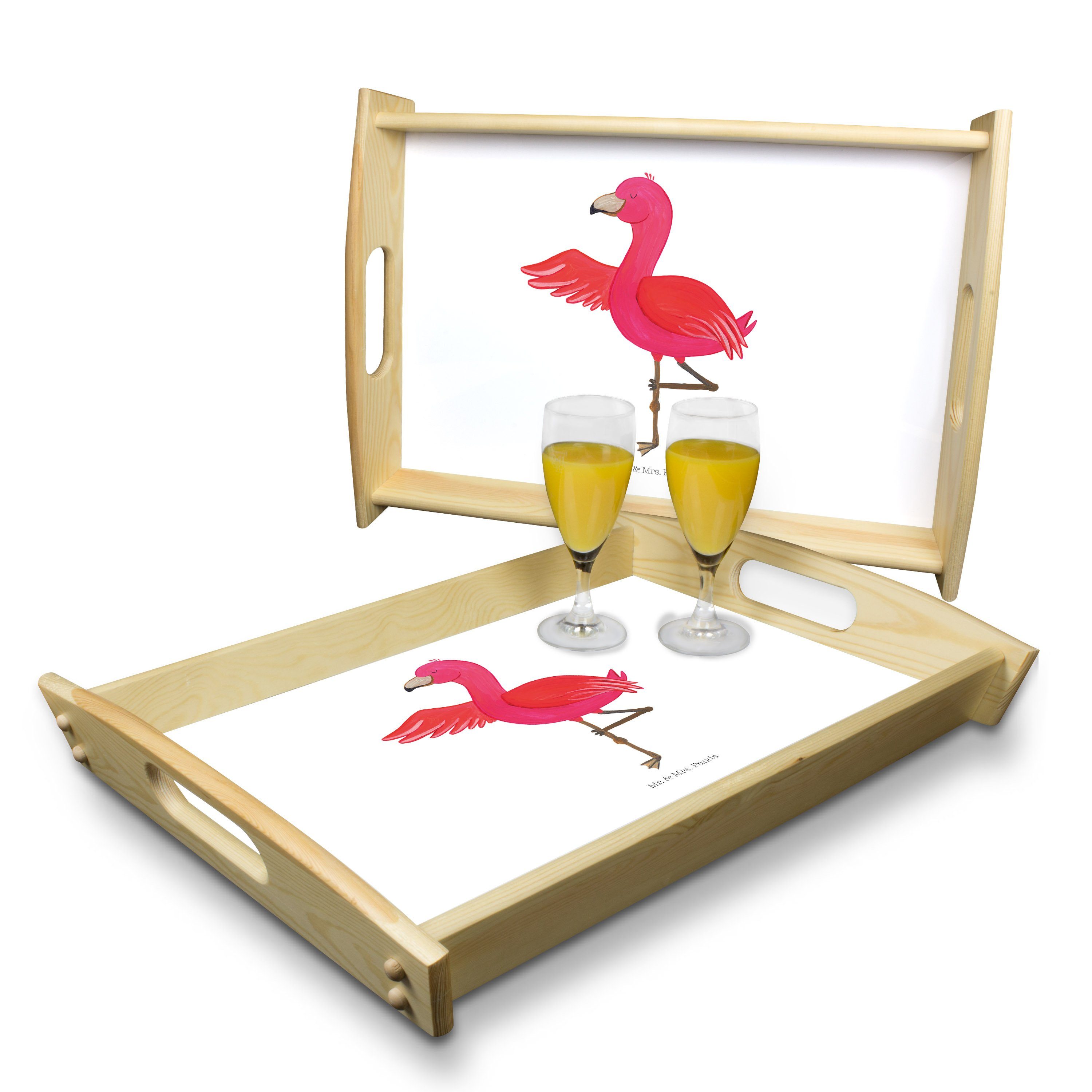 Mr. & Mrs. Panda Dekotablett, - Tablett Weiß Flamingo lasiert, Geschenk, Yoga En, - (1-tlg) Küchentablett, Rosa, Echtholz