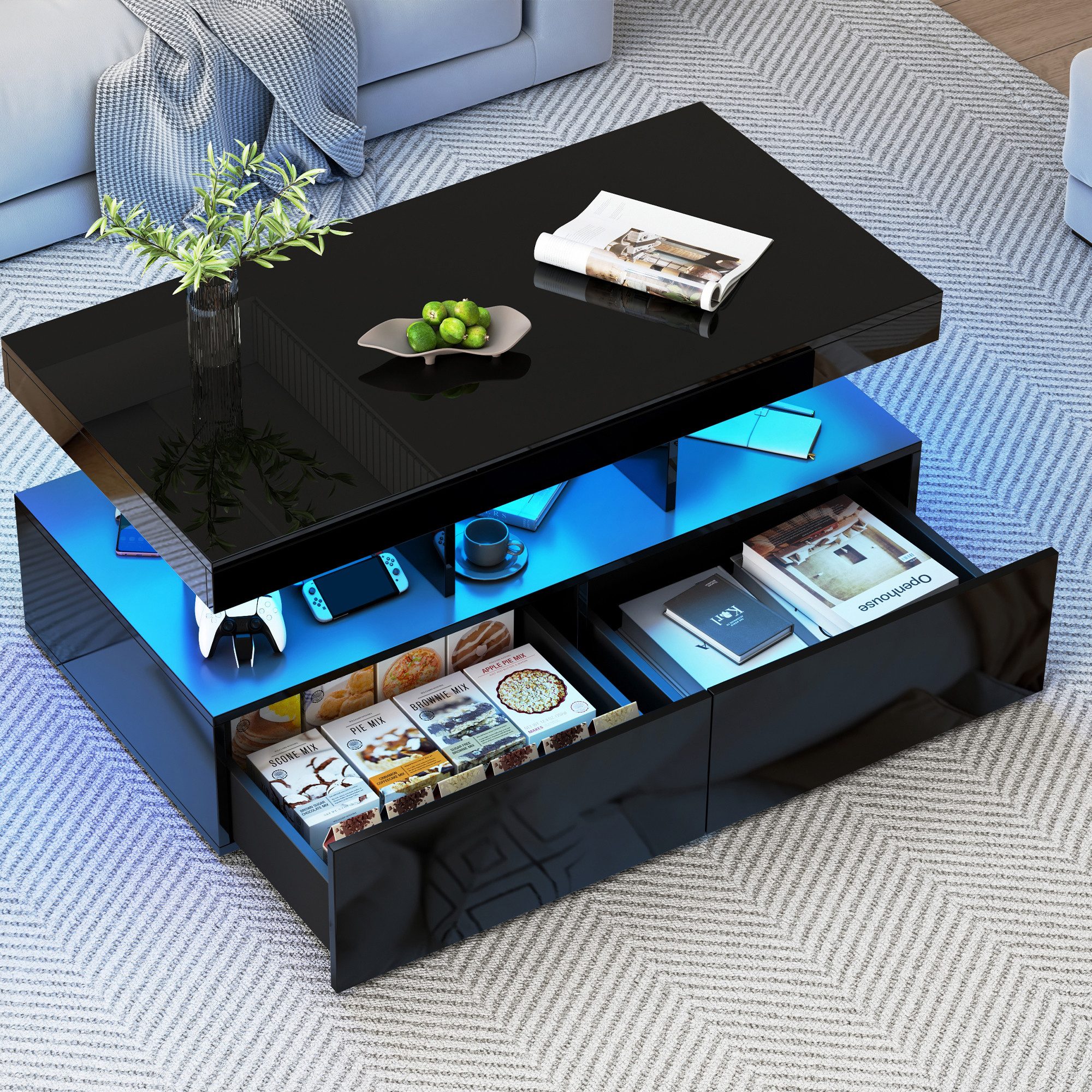 Furnishings Home Couchtisch Wohnzimmertisch Ablagetisch LED Beistelltisch (Hochglänzender quadratischer, mit LED Beleuchtung & Fernsteuerung), Mit 2 Schubladen und 16-farbigen variablen