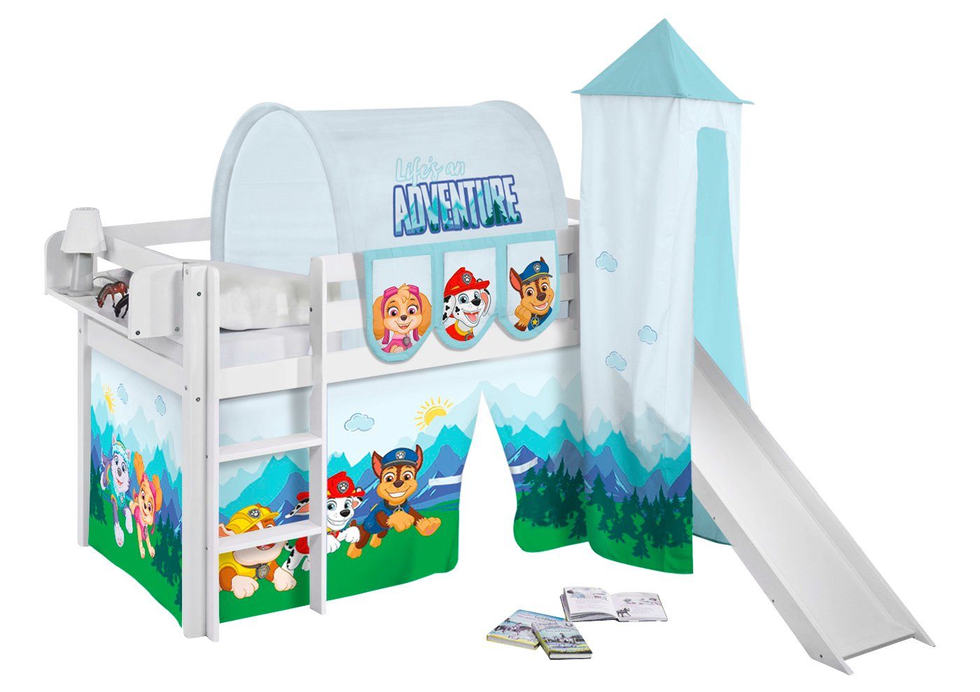 Lilokids Kinderbett Hochbett JELLE mit Vorhang & Turm PAW PATROL 190x90cm