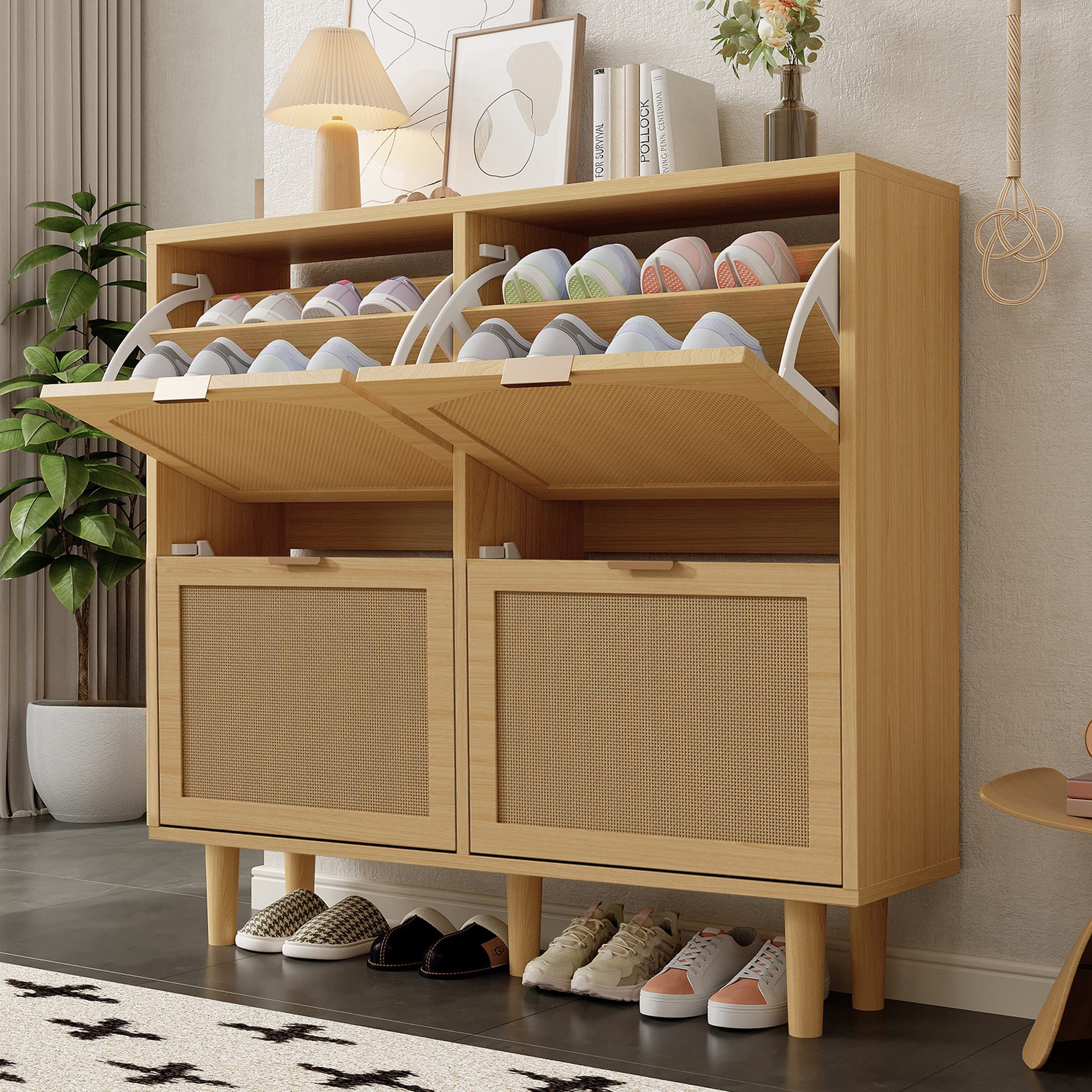 KLAM HOME Schuhschrank Schuhkommode aus Rattan mit Metallgriffen und 4 Klappschubladen (Holzmöbel, Landhausstil, Maße: 100 x 25 x 90 cm) Schuhregal für Flur, Schlafzimmer, Wohnung